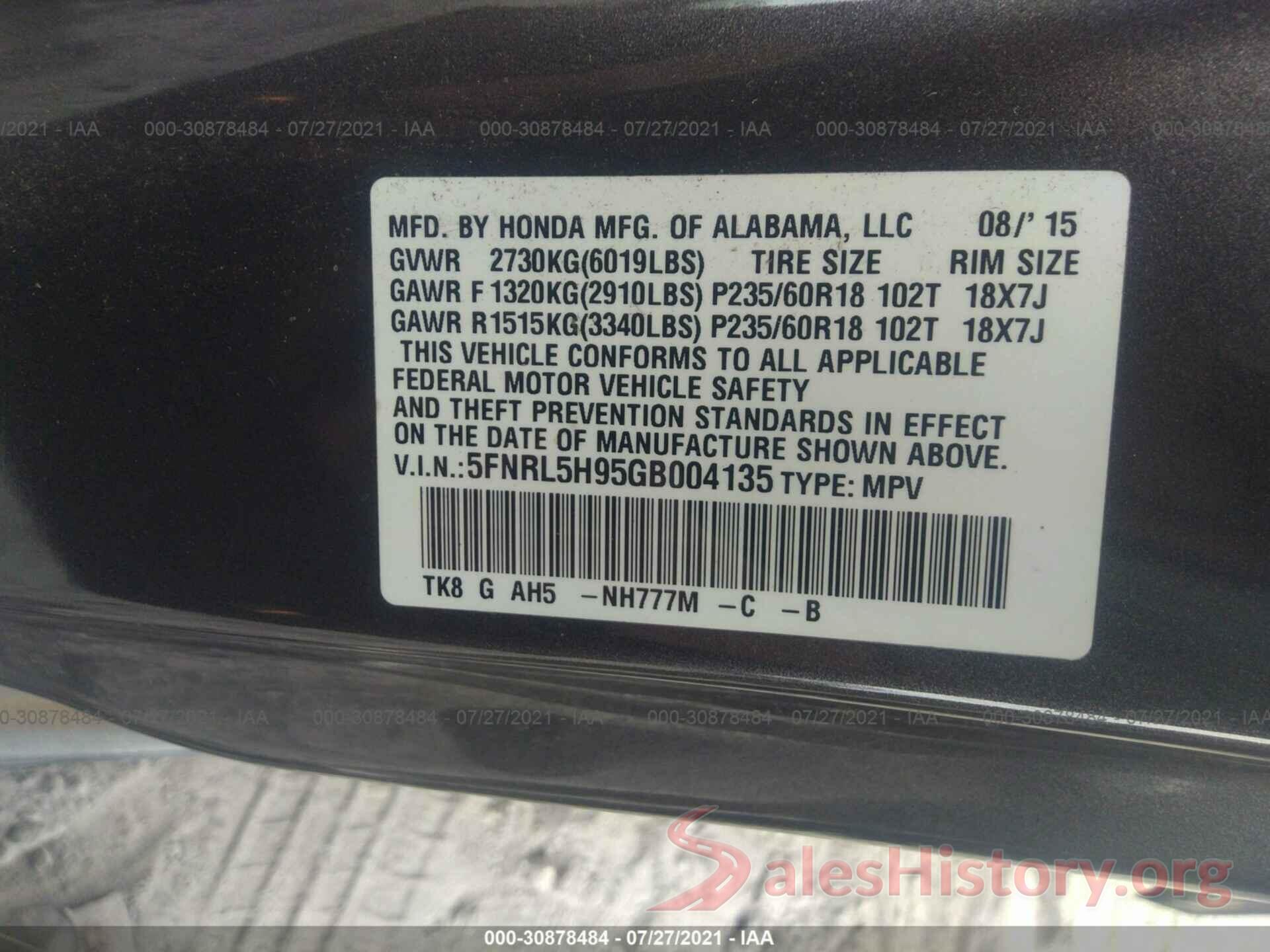 5FNRL5H95GB004135 2016 HONDA ODYSSEY