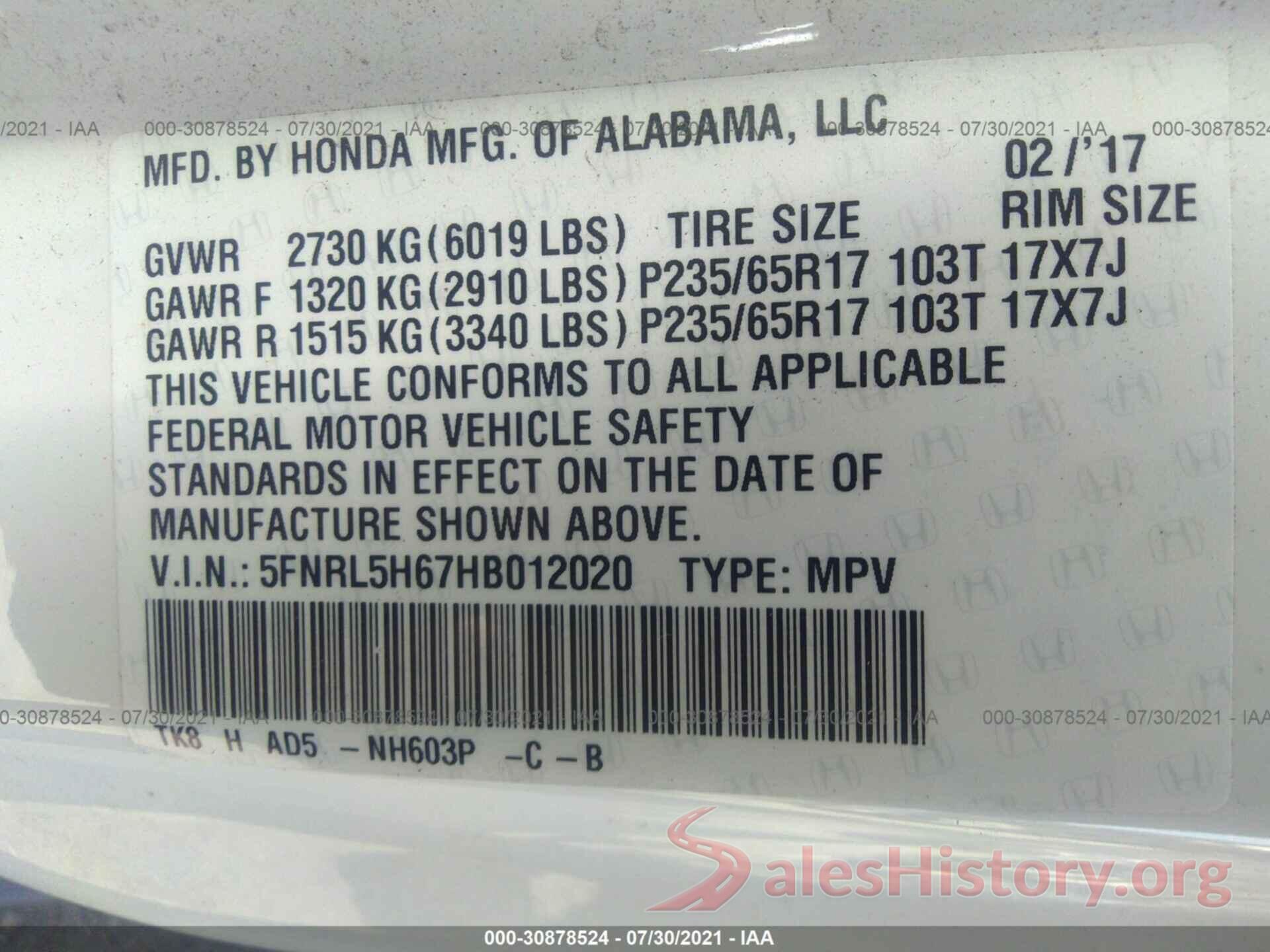 5FNRL5H67HB012020 2017 HONDA ODYSSEY