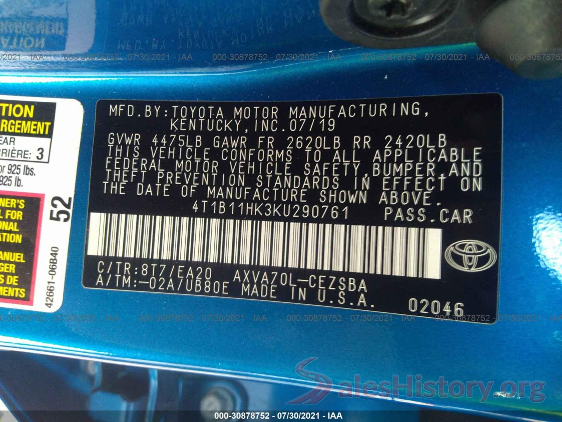 4T1B11HK3KU290761 2019 TOYOTA CAMRY