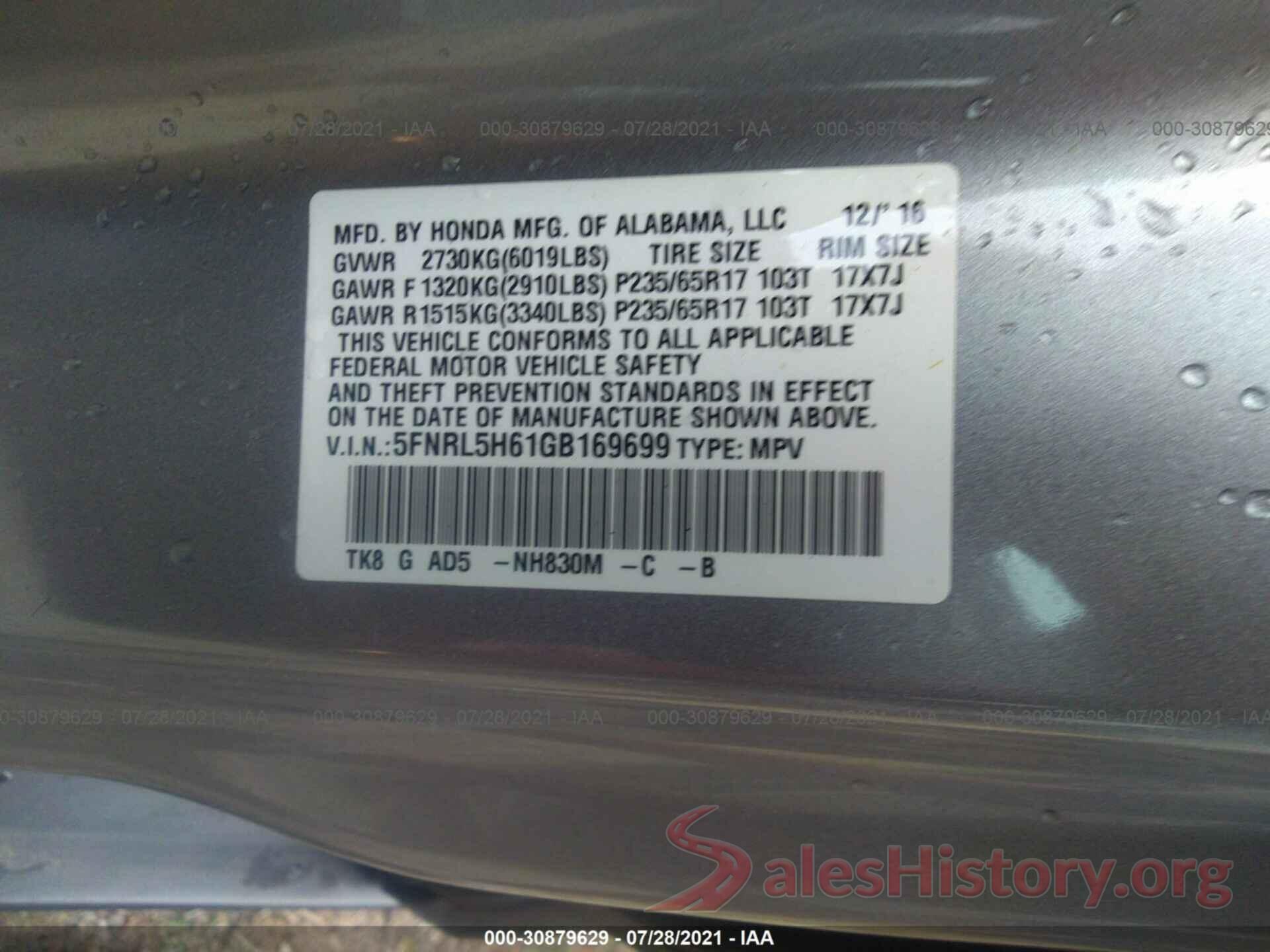 5FNRL5H61GB169699 2016 HONDA ODYSSEY