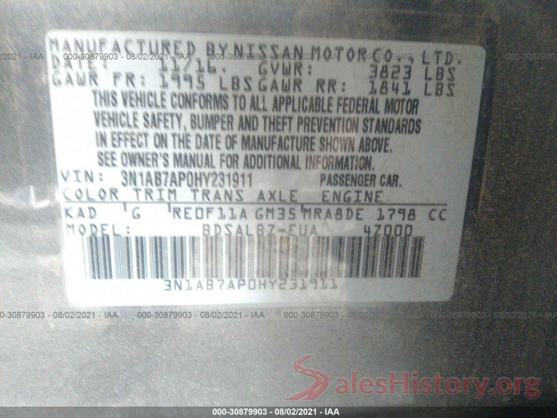 3N1AB7AP0HY231911 2017 NISSAN SENTRA