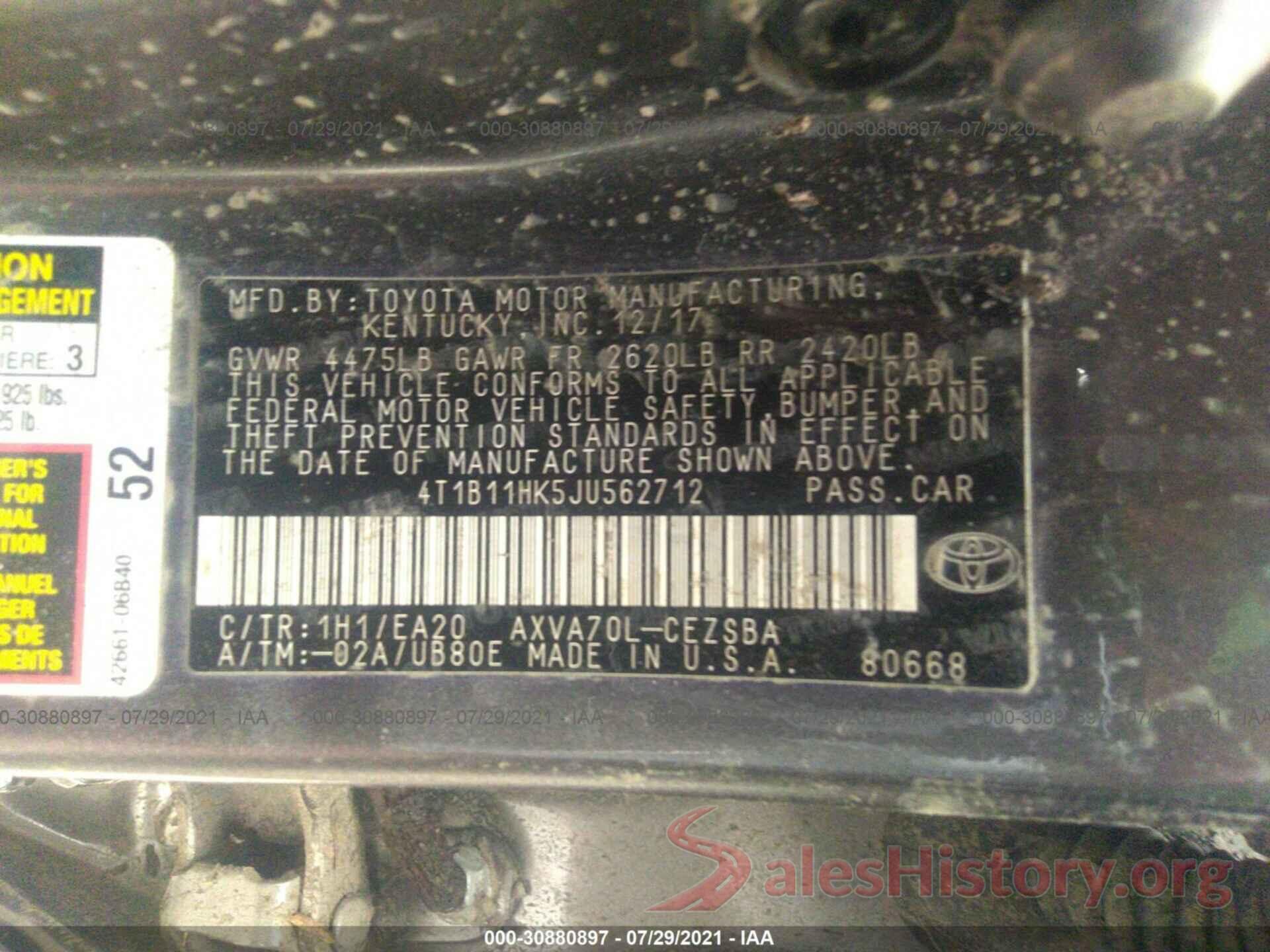 4T1B11HK5JU562712 2018 TOYOTA CAMRY