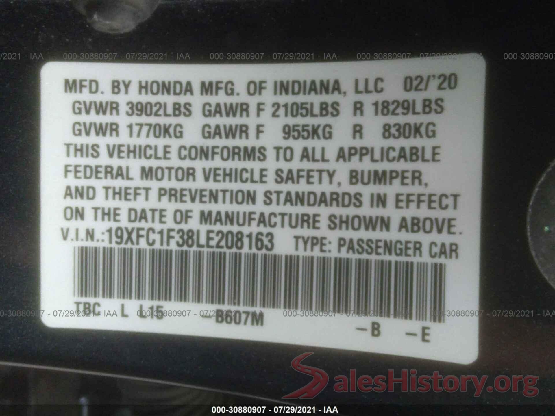 19XFC1F38LE208163 2020 HONDA CIVIC SEDAN