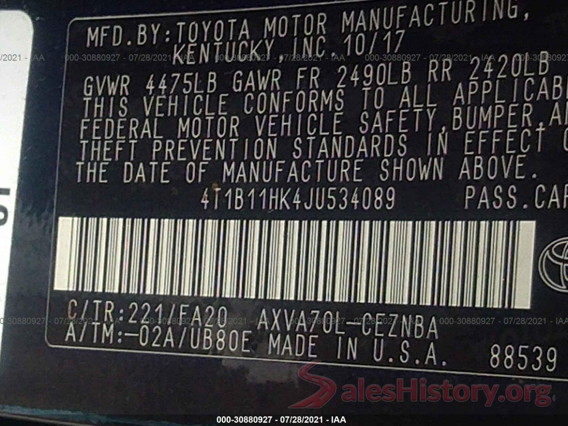 4T1B11HK4JU534089 2018 TOYOTA CAMRY