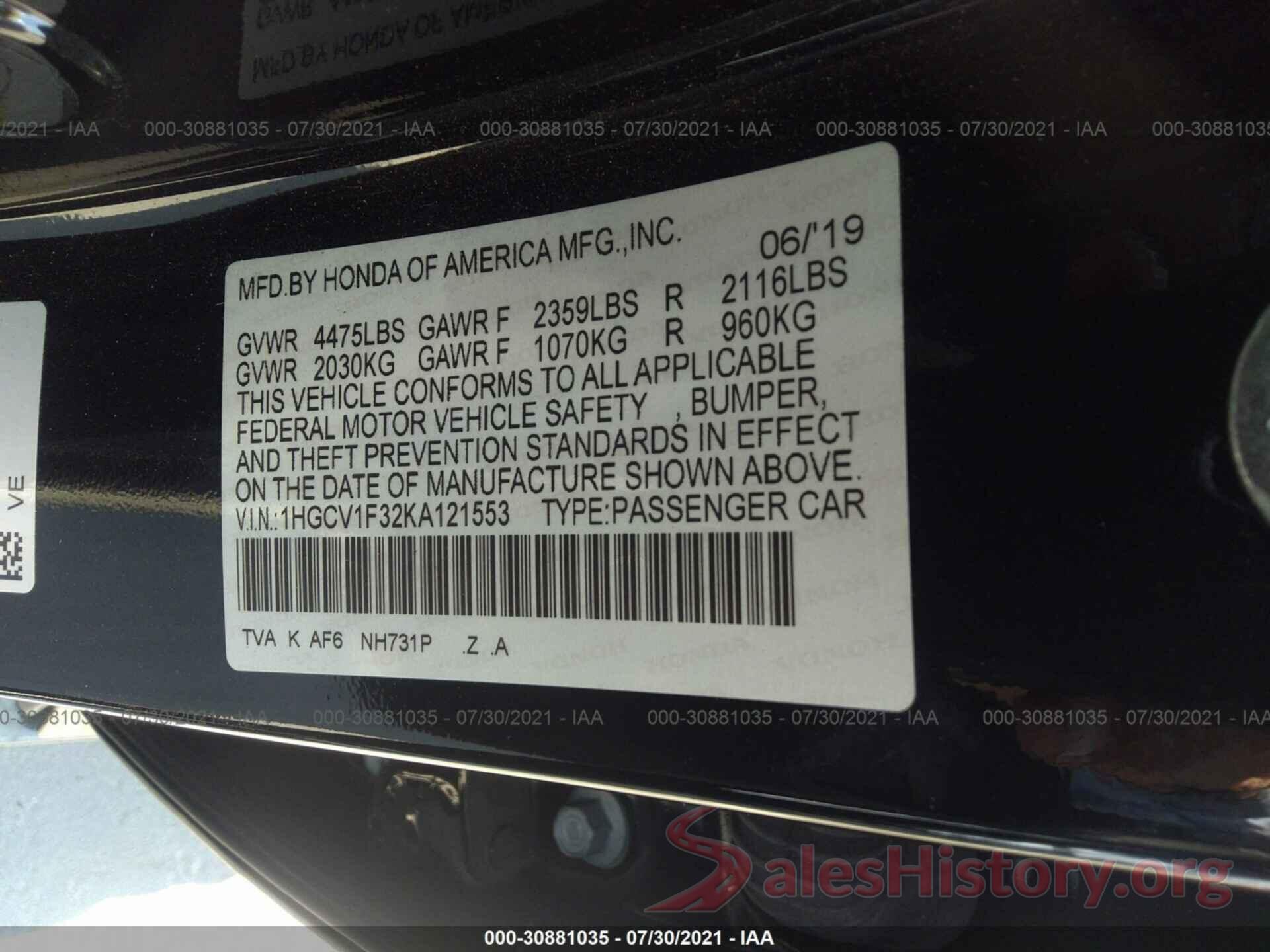 1HGCV1F32KA121553 2019 HONDA ACCORD SEDAN