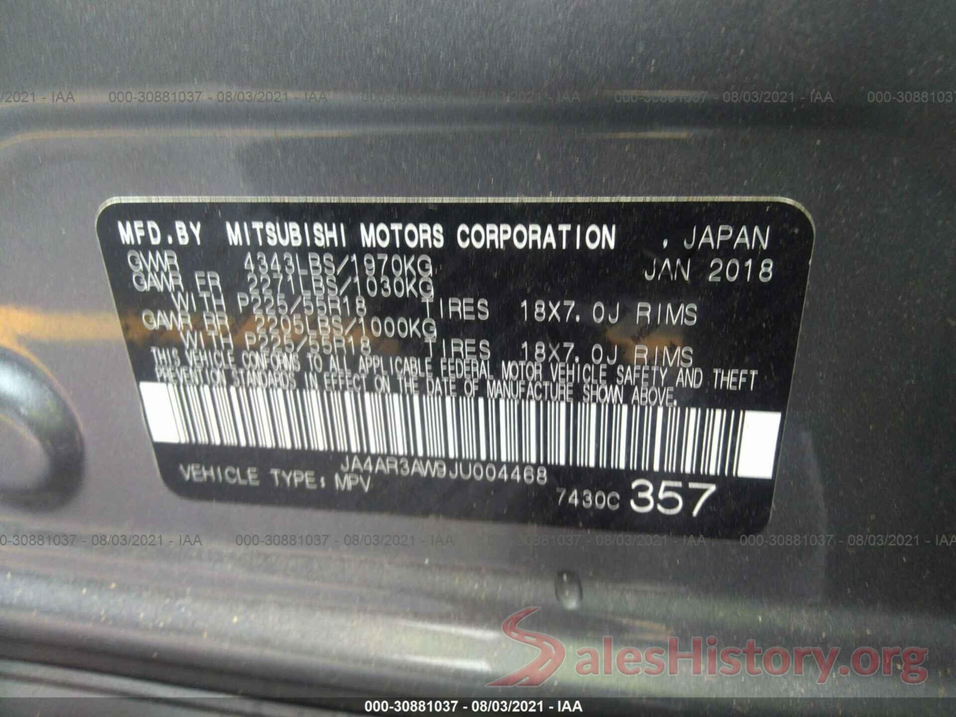 JA4AR3AW9JU004468 2018 MITSUBISHI OUTLANDER SPORT