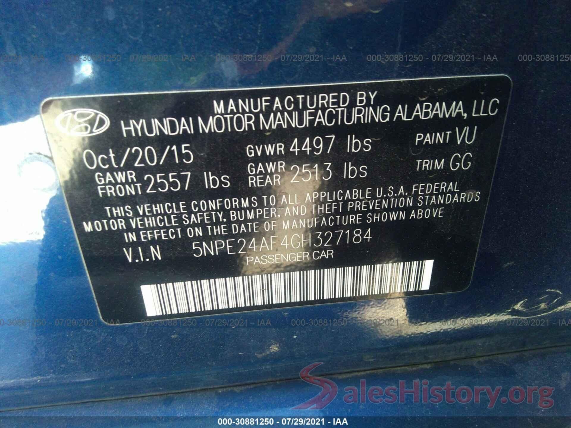 5NPE24AF4GH327184 2016 HYUNDAI SONATA