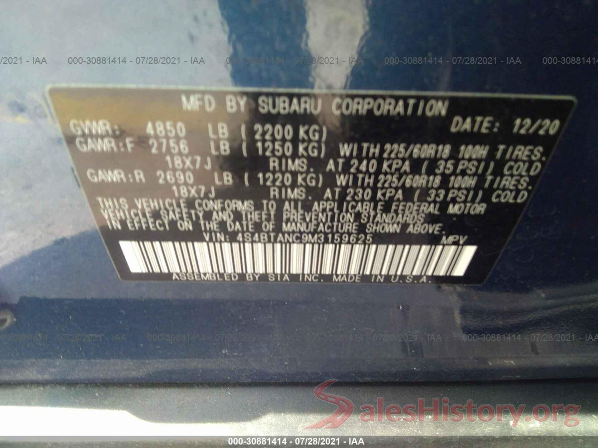 4S4BTANC9M3159625 2021 SUBARU OUTBACK