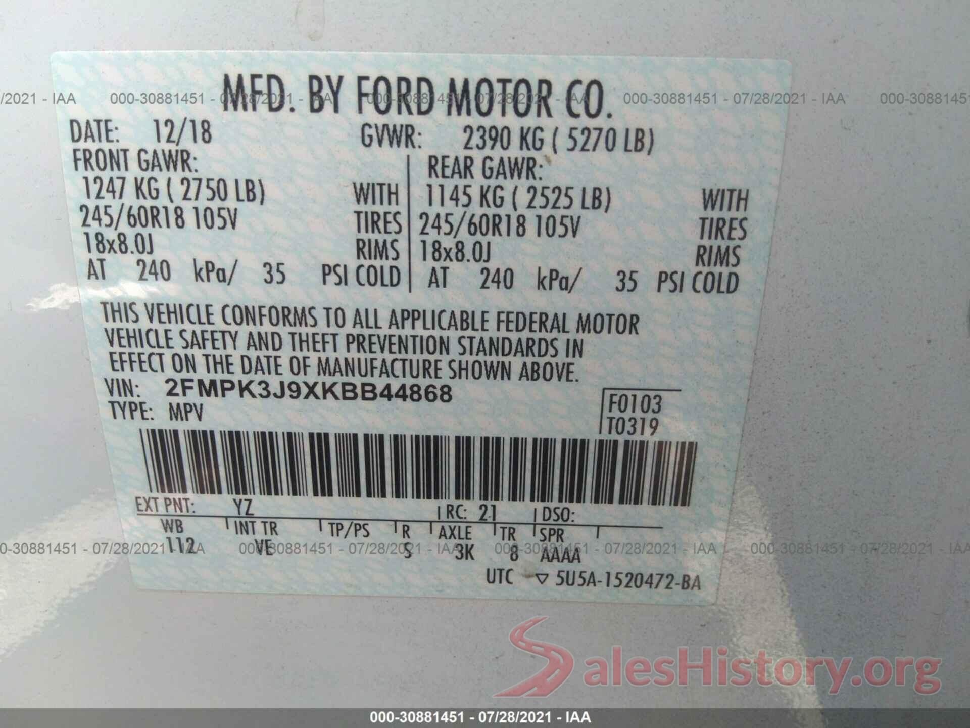 2FMPK3J9XKBB44868 2019 FORD EDGE