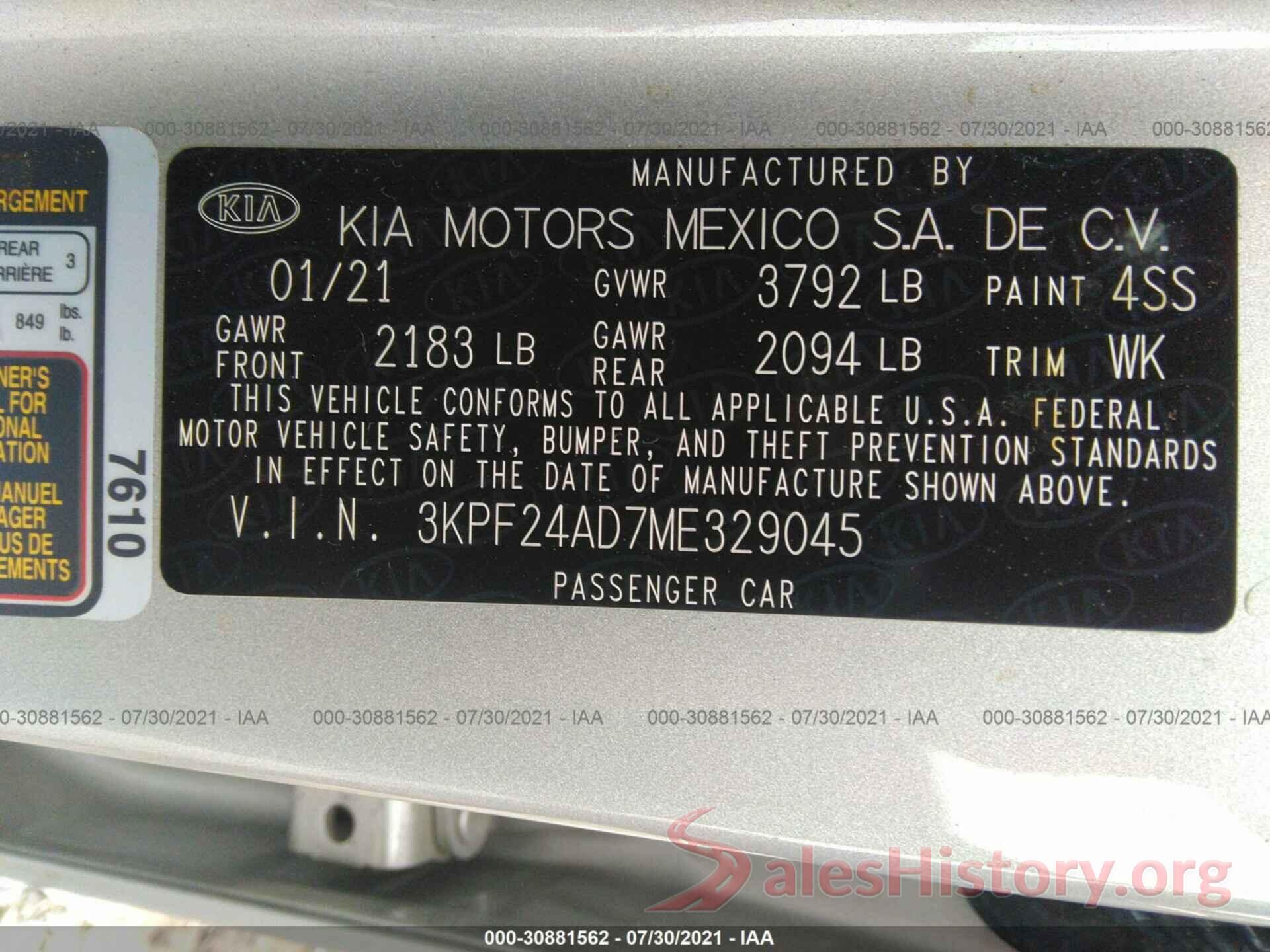 3KPF24AD7ME329045 2021 KIA FORTE