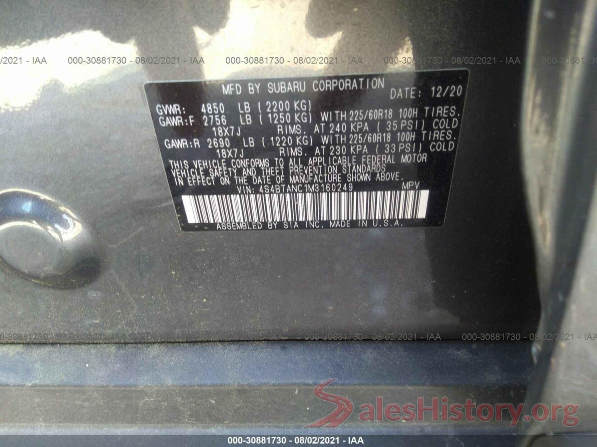 4S4BTANC1M3160249 2021 SUBARU OUTBACK