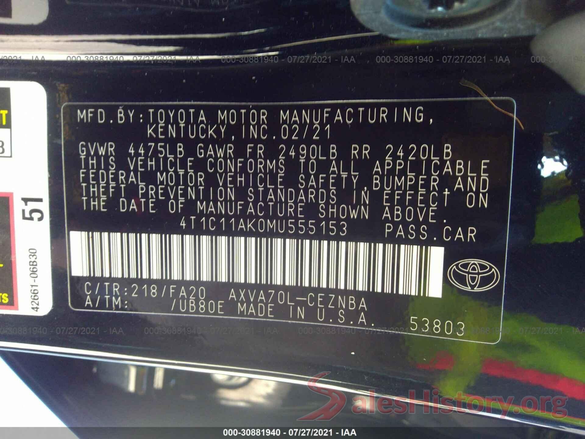 4T1C11AK0MU555153 2021 TOYOTA CAMRY