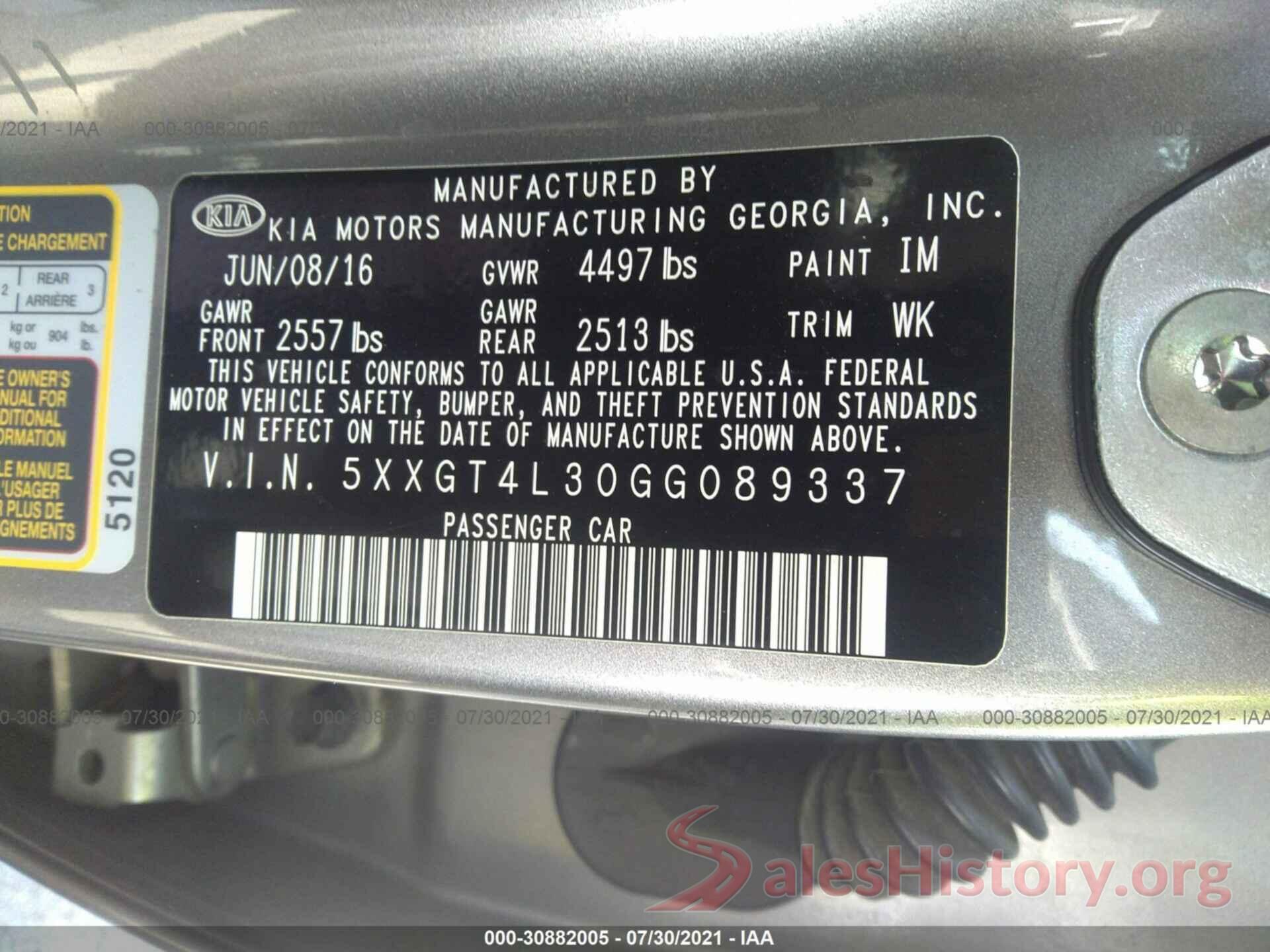 5XXGT4L30GG089337 2016 KIA OPTIMA