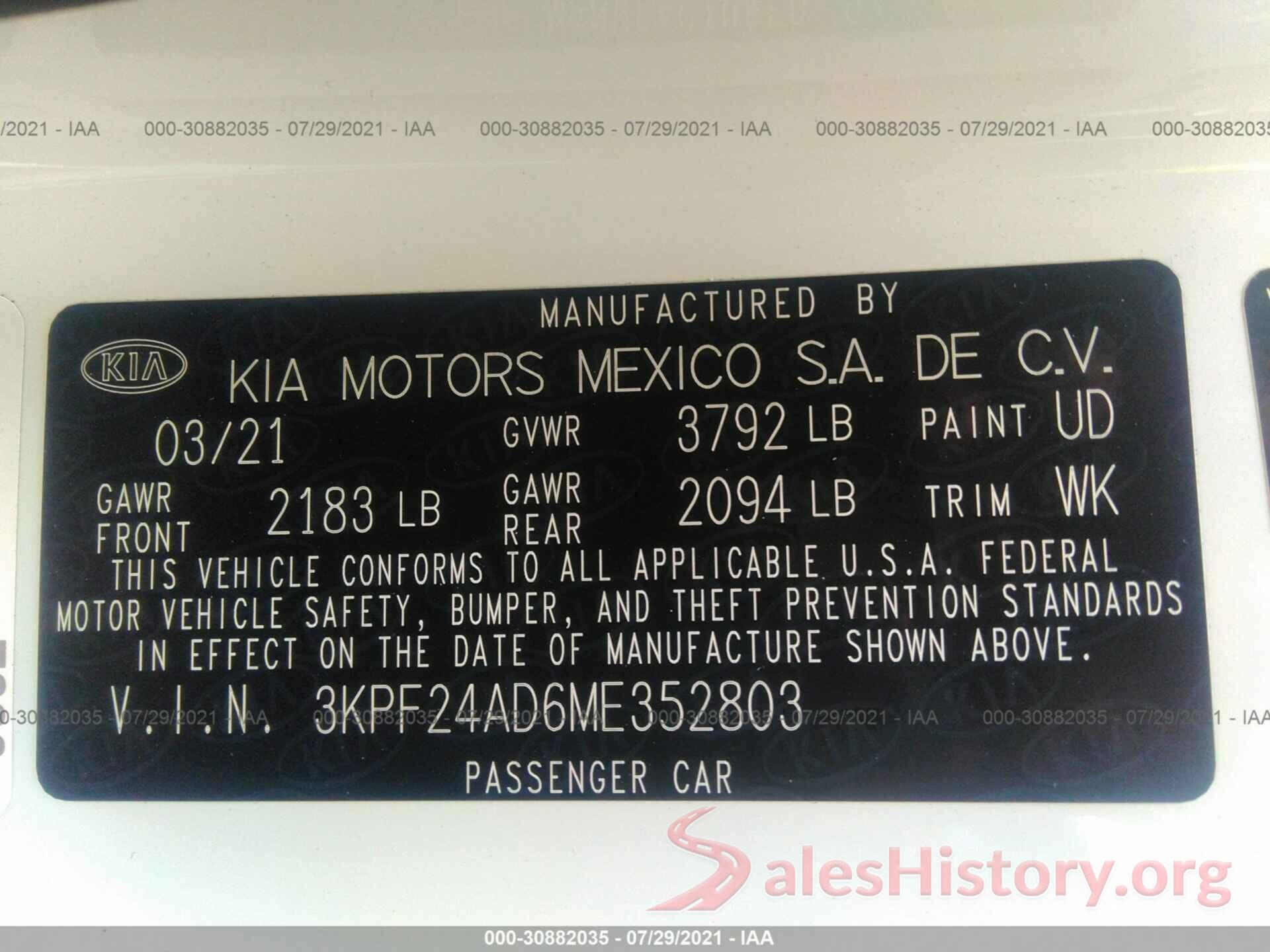 3KPF24AD6ME352803 2021 KIA FORTE