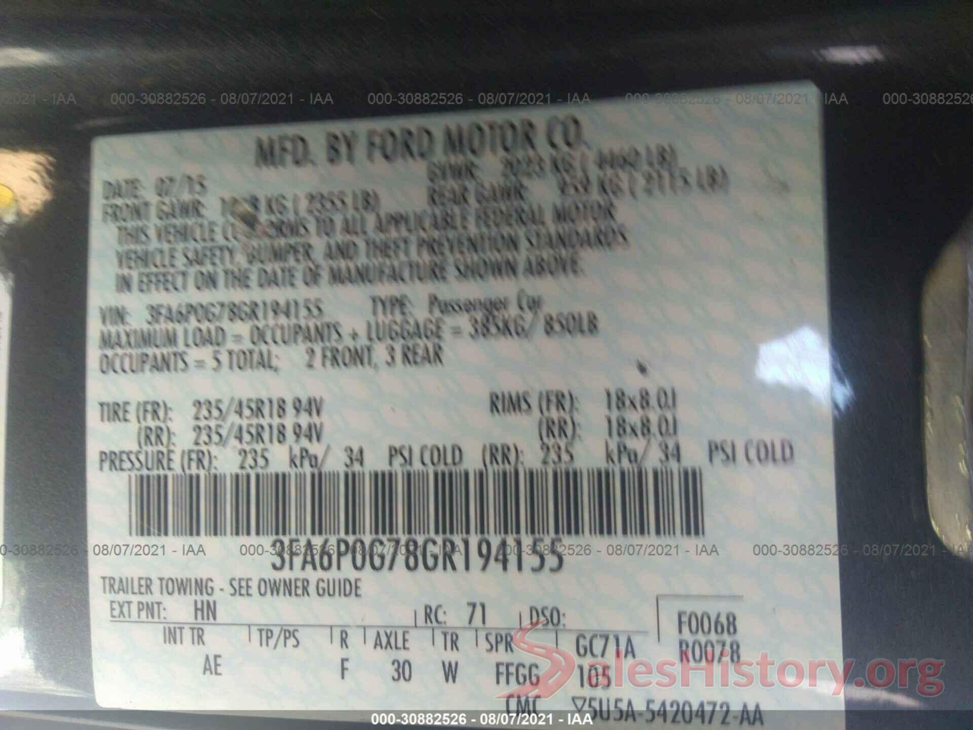 3FA6P0G78GR194155 2016 FORD FUSION