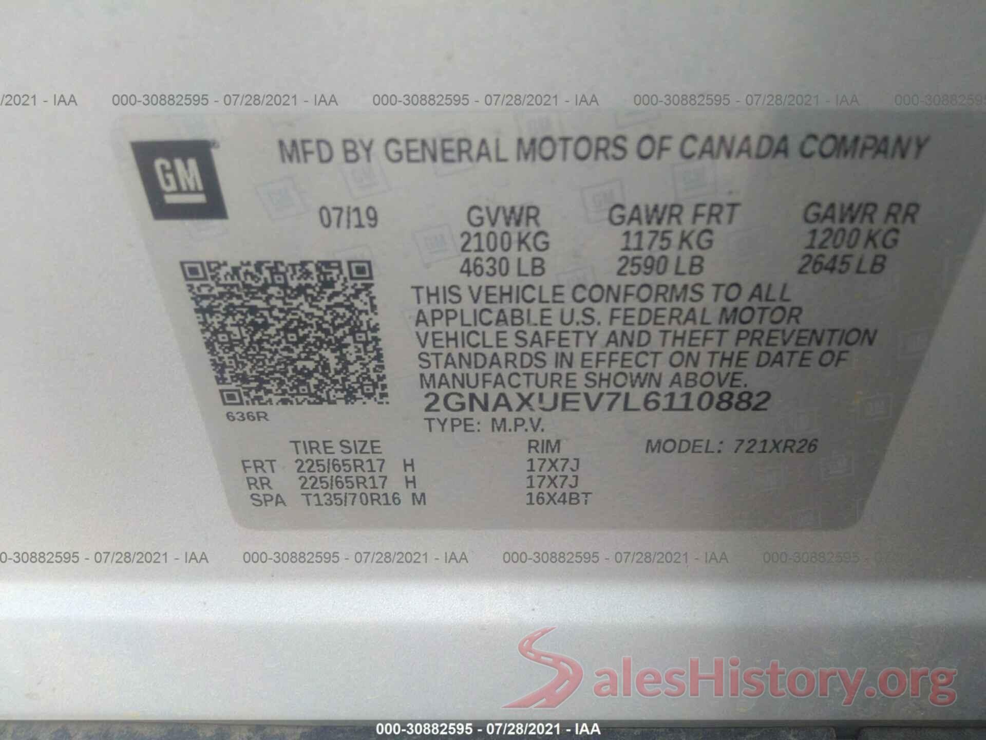 2GNAXUEV7L6110882 2020 CHEVROLET EQUINOX