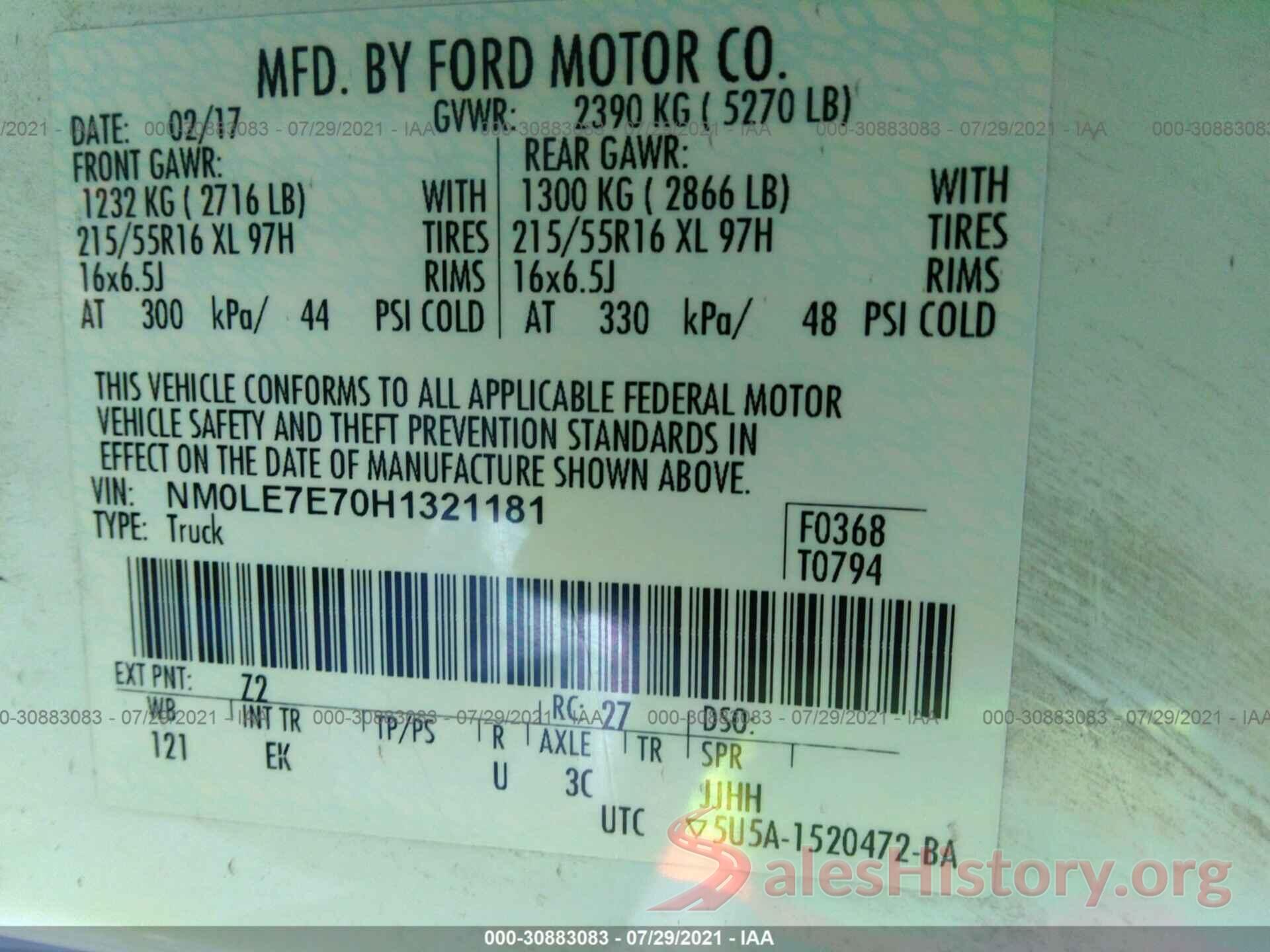 NM0LE7E70H1321181 2017 FORD TRANSIT CONNECT VAN