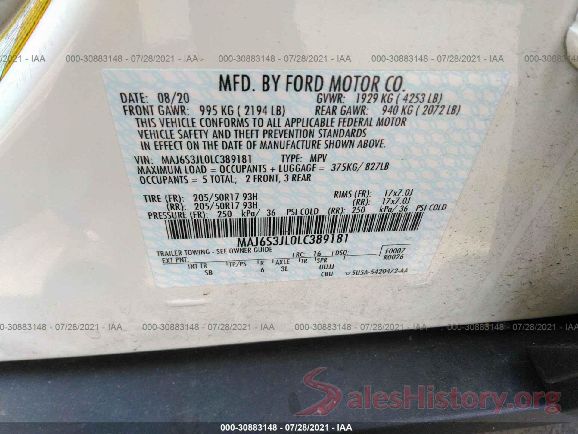 MAJ6S3JL0LC389181 2020 FORD ECOSPORT