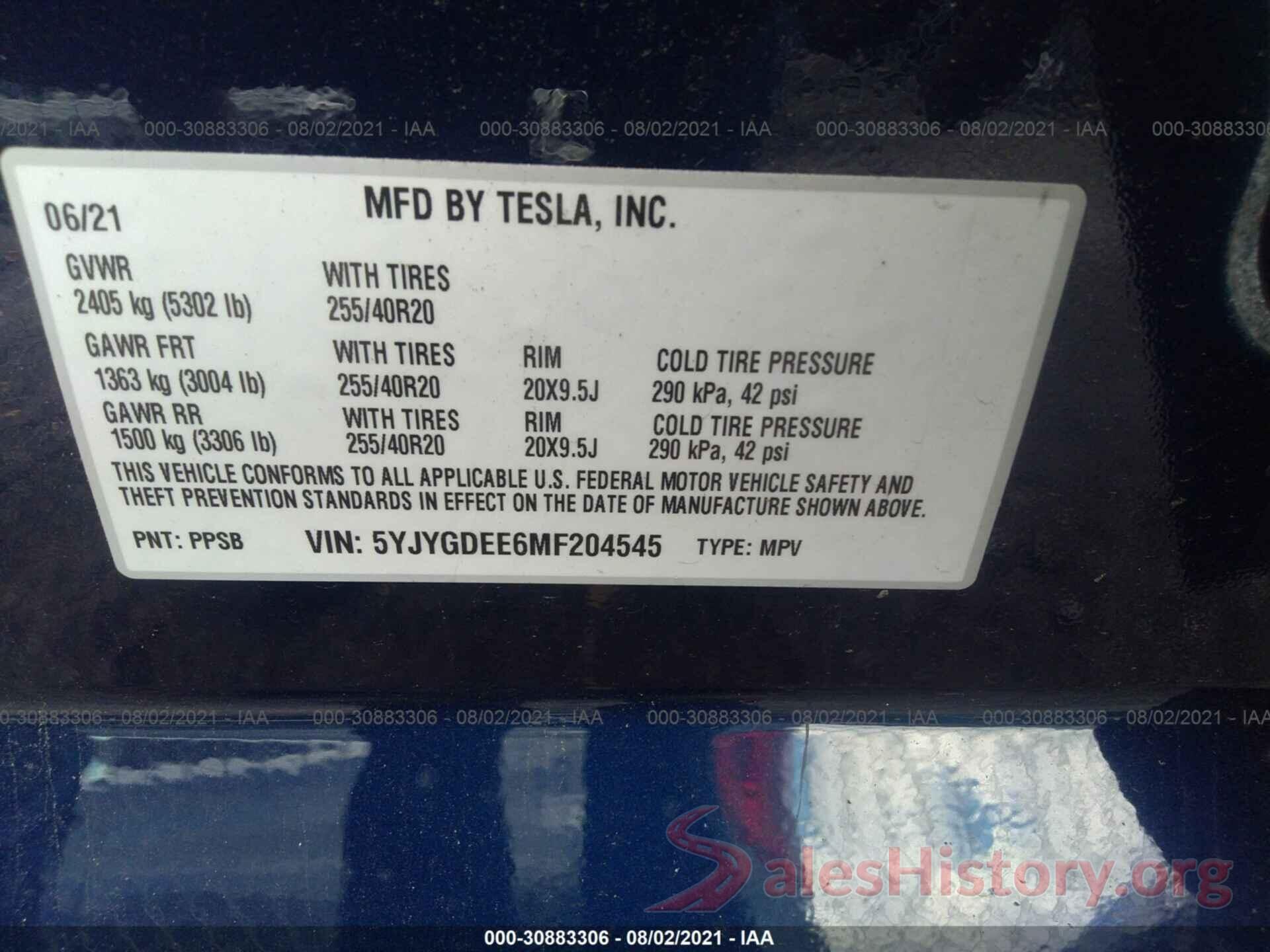 5YJYGDEE6MF204545 2021 TESLA MODEL Y