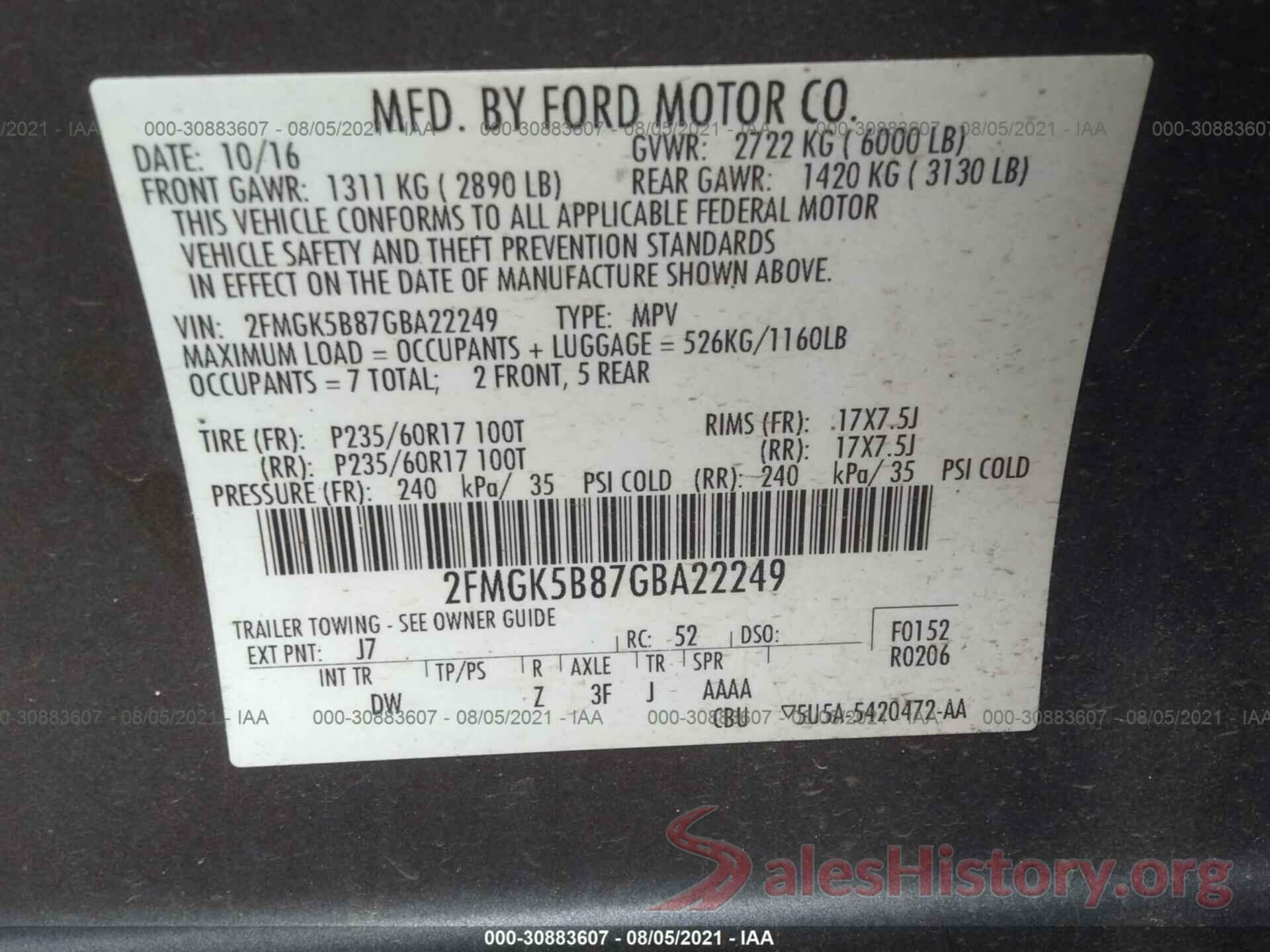 2FMGK5B87GBA22249 2016 FORD FLEX