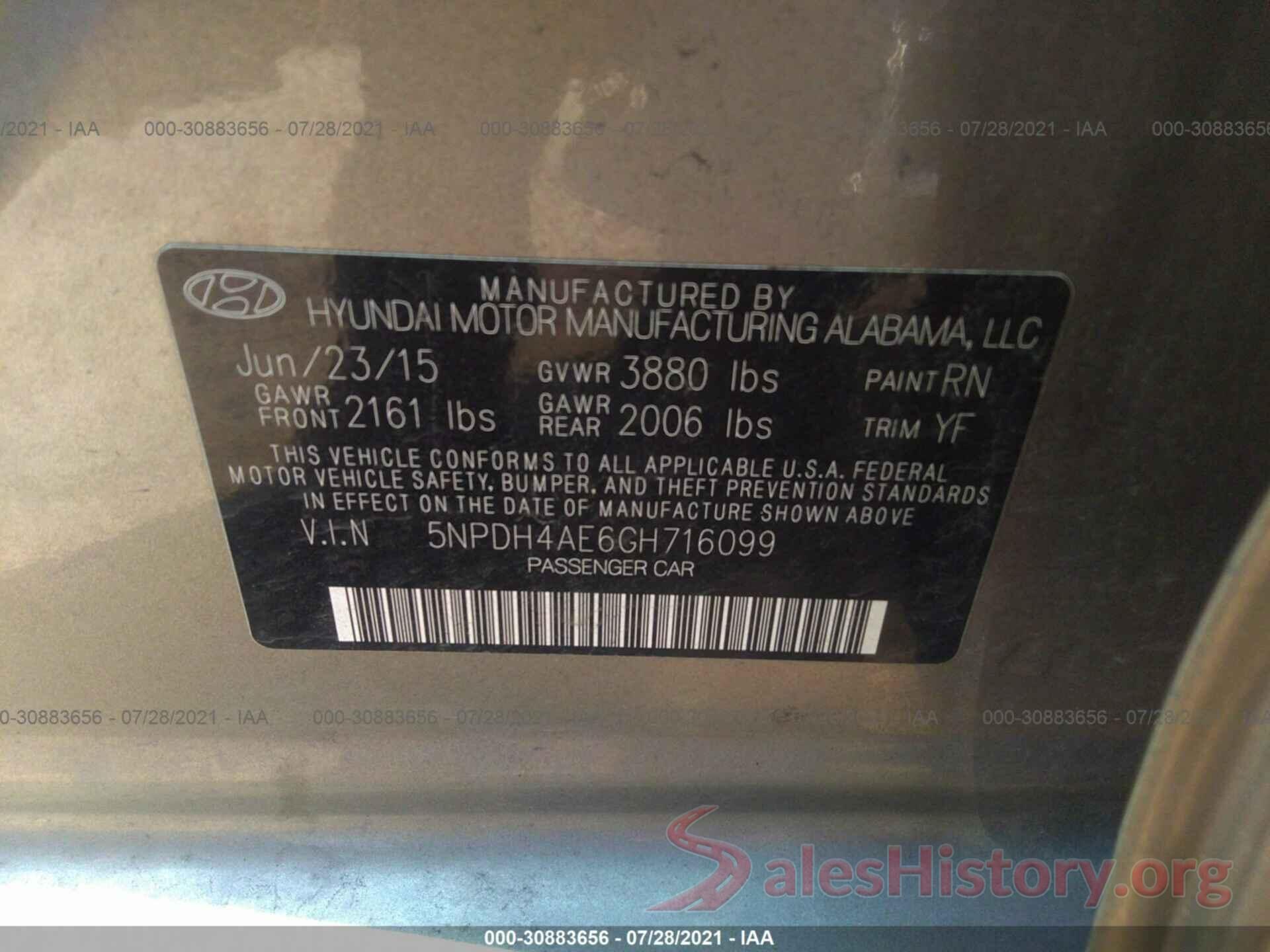 5NPDH4AE6GH716099 2016 HYUNDAI ELANTRA