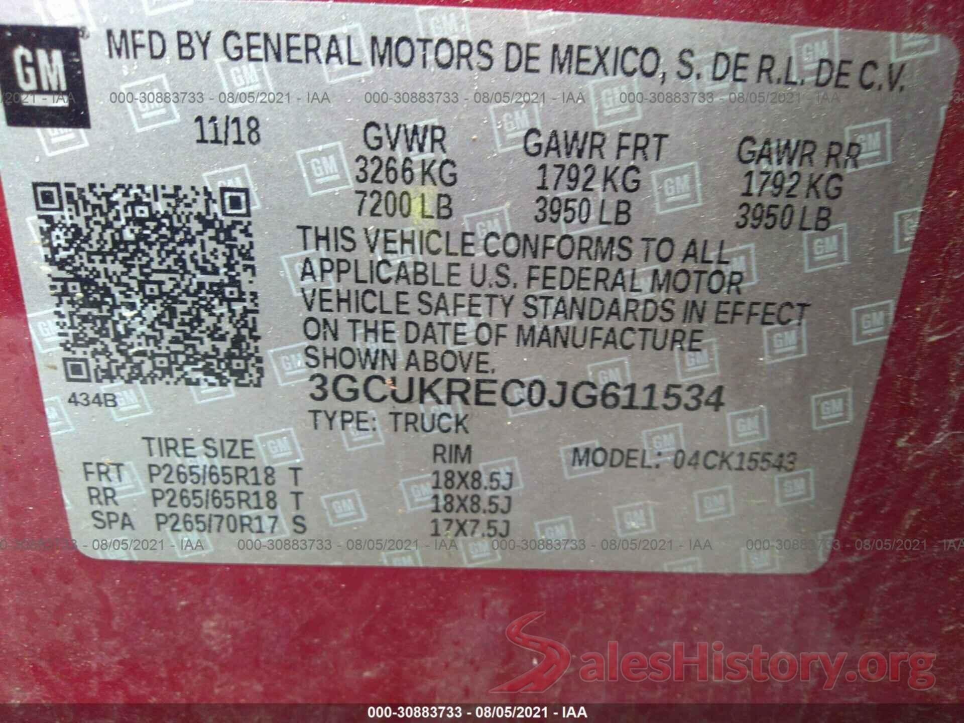 3GCUKREC0JG611534 2018 CHEVROLET SILVERADO 1500