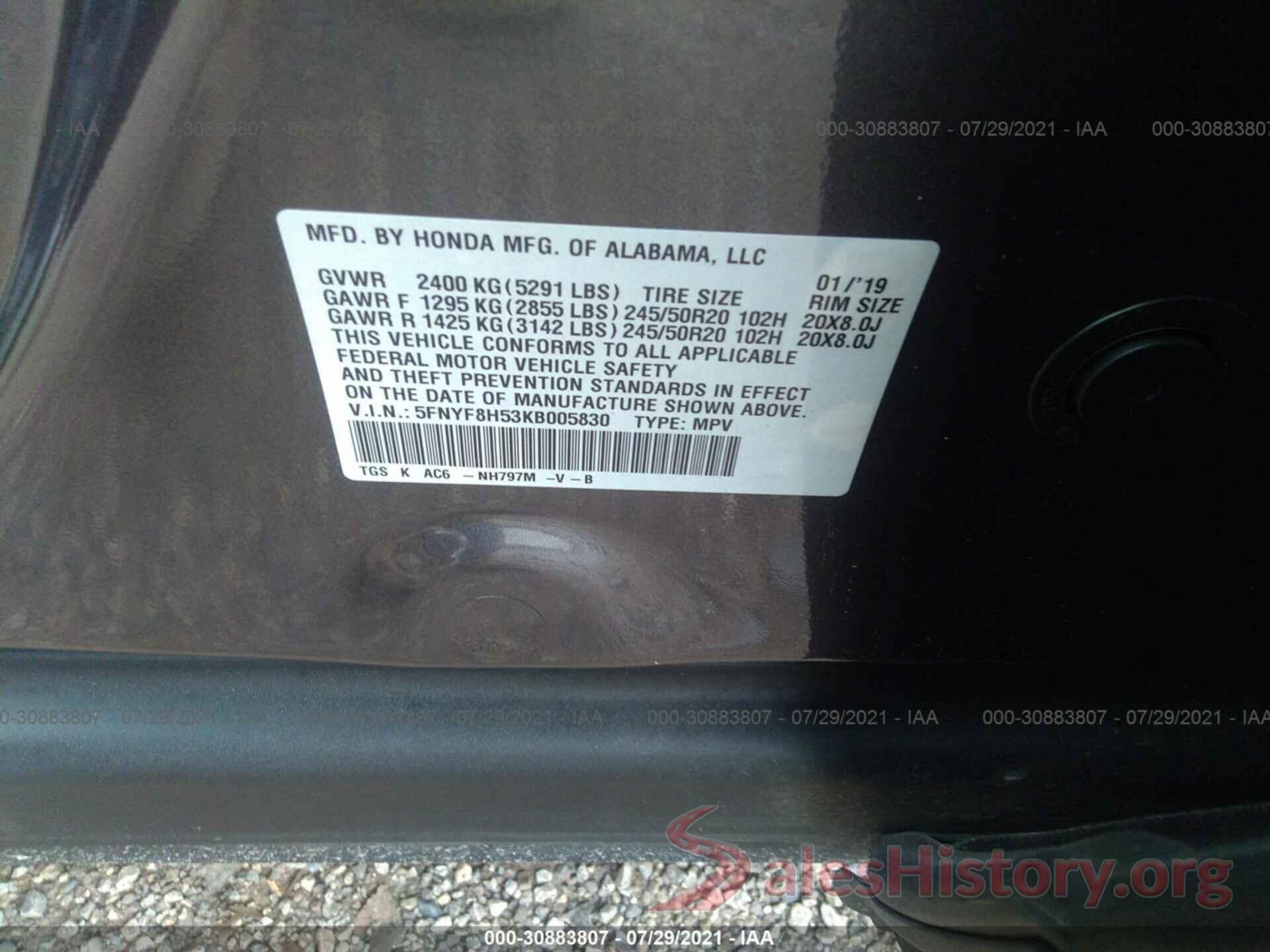 5FNYF8H53KB005830 2019 HONDA PASSPORT