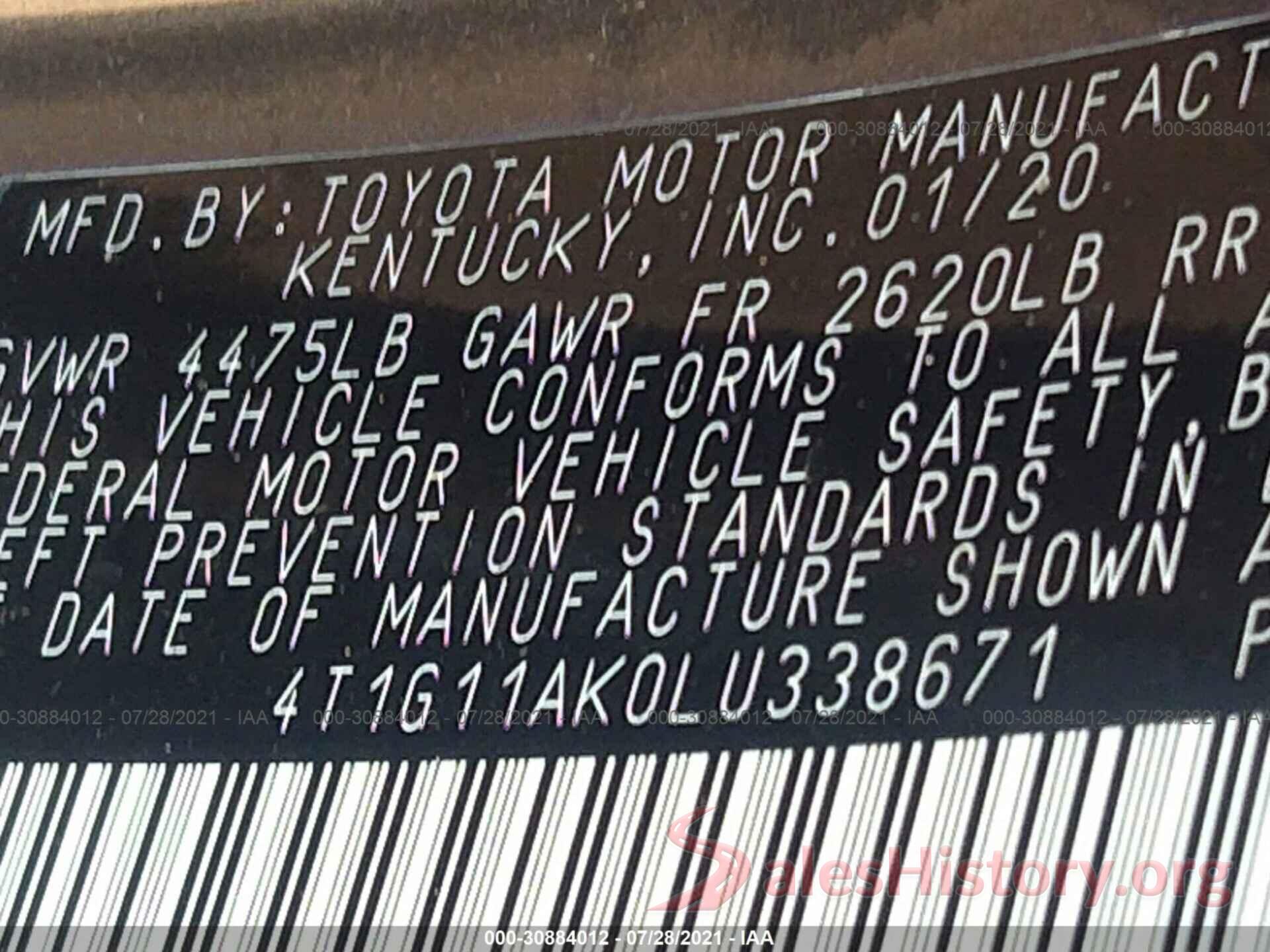 4T1G11AK0LU338671 2020 TOYOTA CAMRY