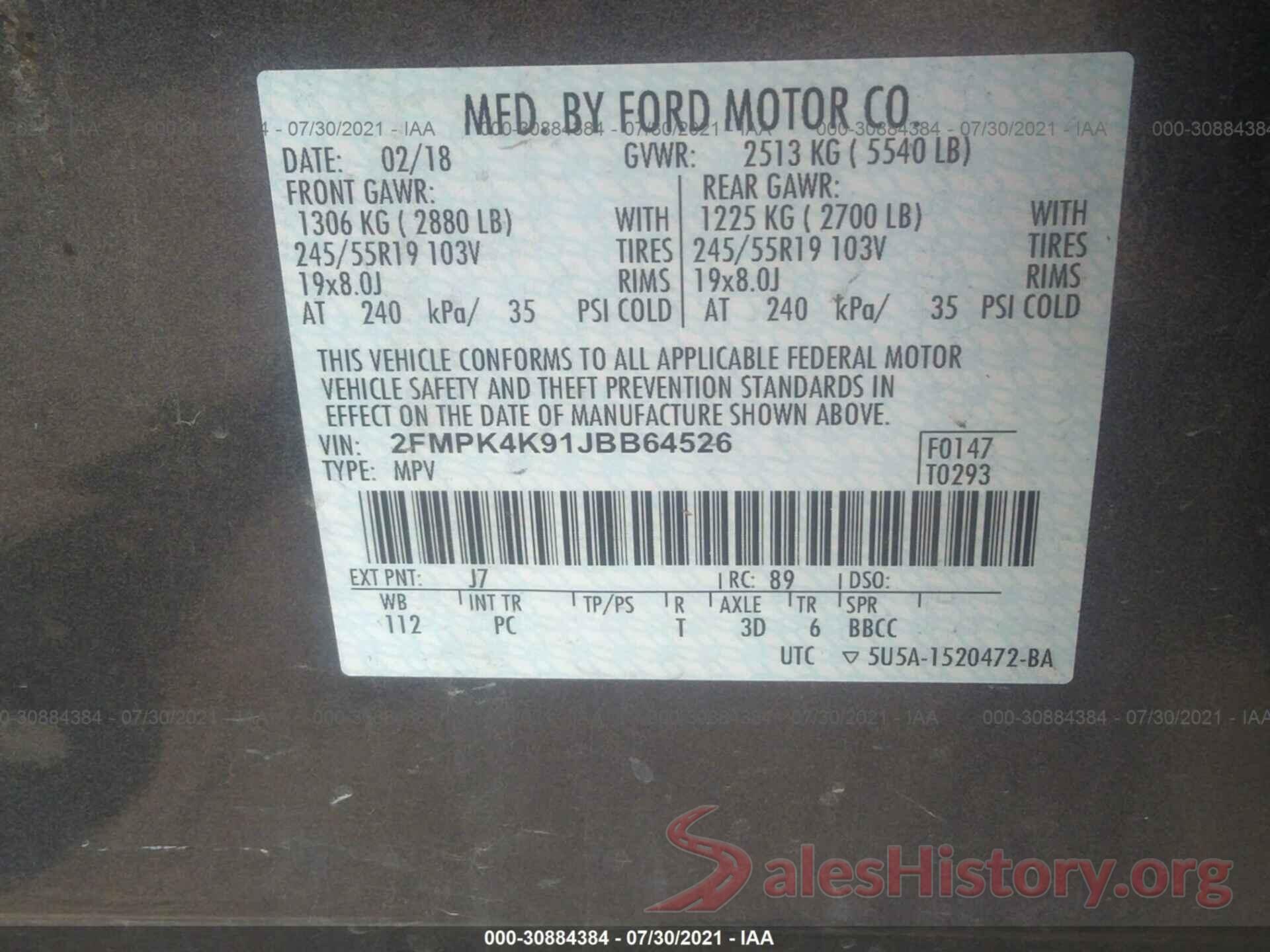 2FMPK4K91JBB64526 2018 FORD EDGE