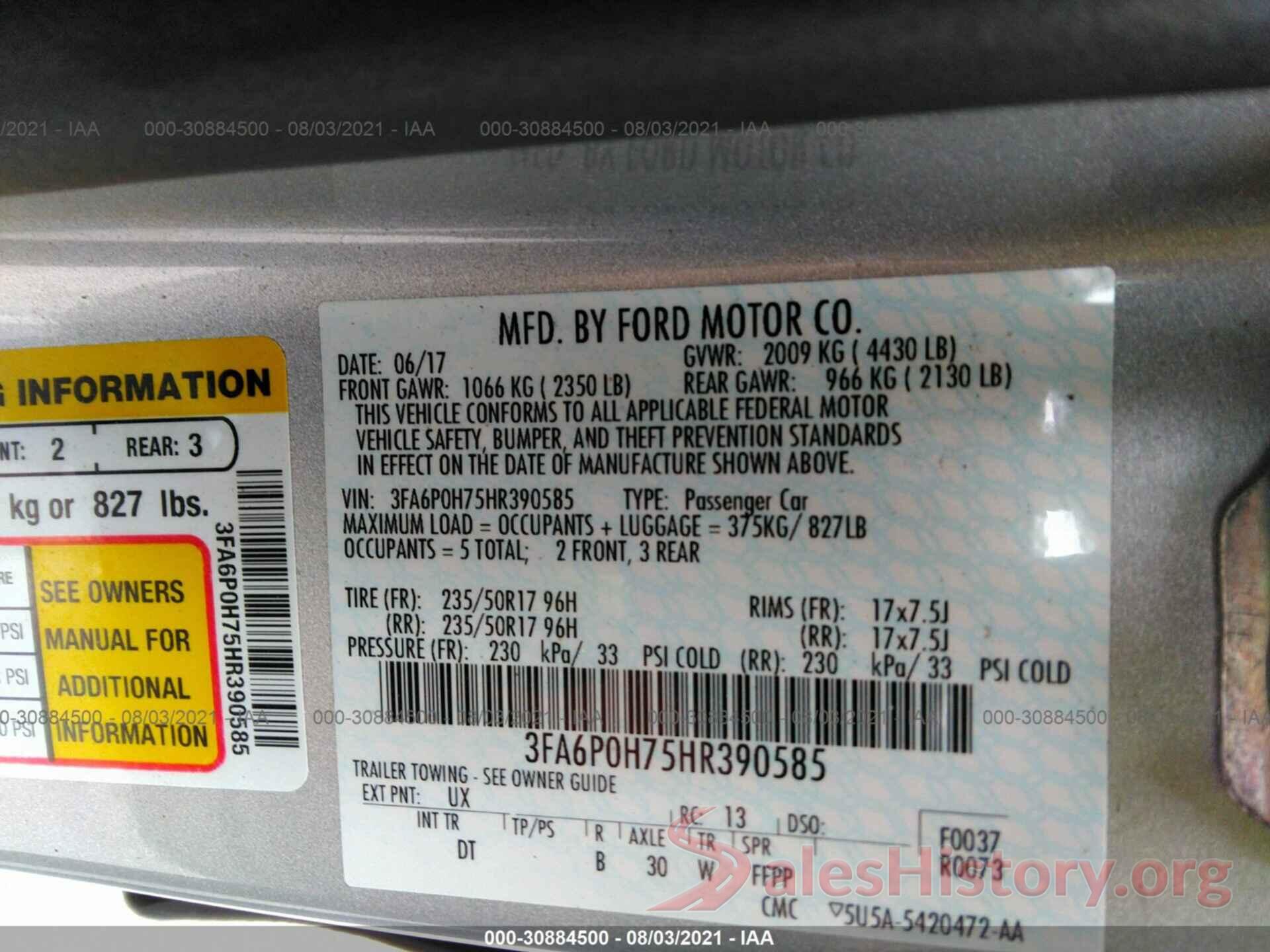 3FA6P0H75HR390585 2017 FORD FUSION