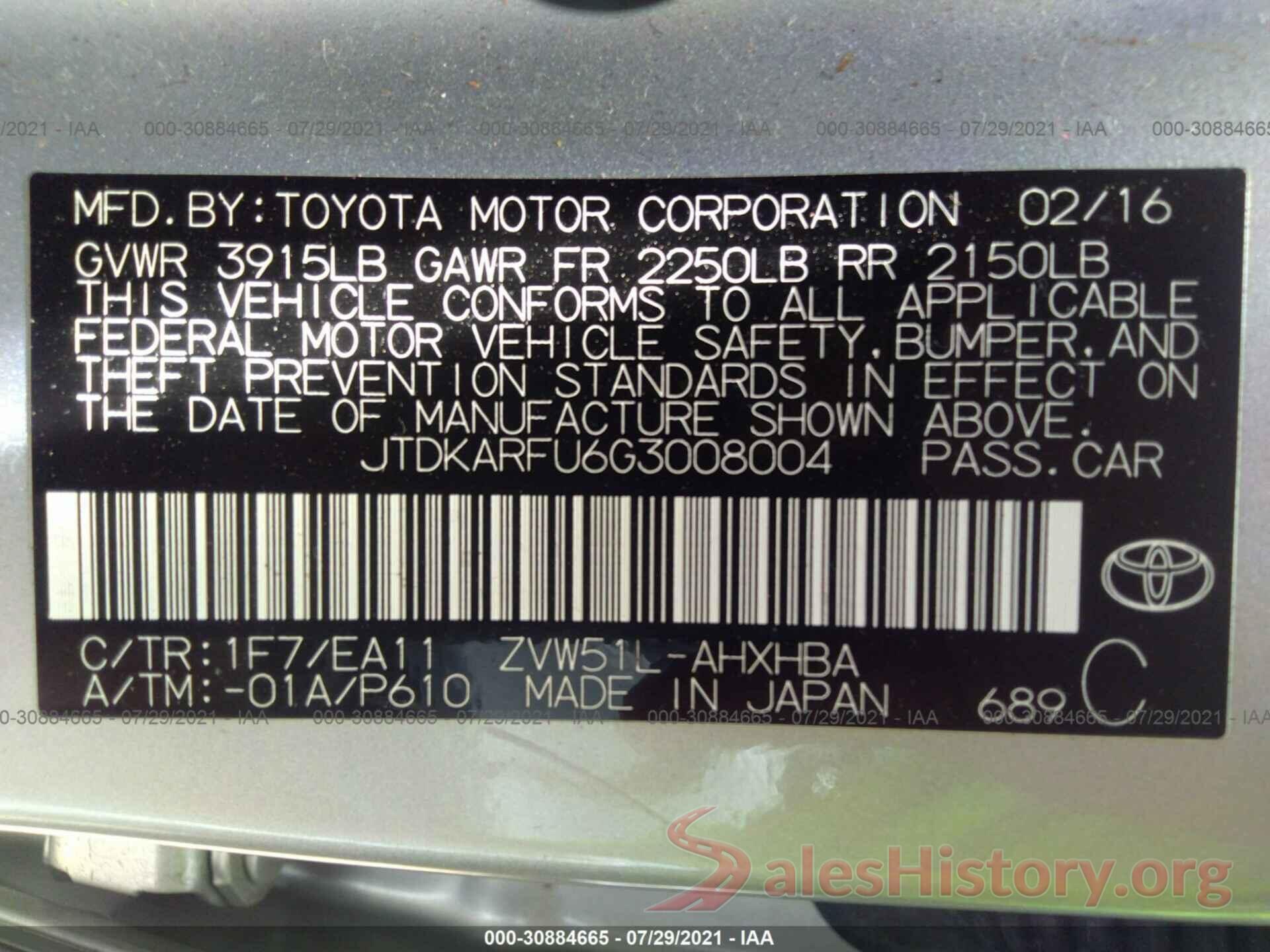 JTDKARFU6G3008004 2016 TOYOTA PRIUS