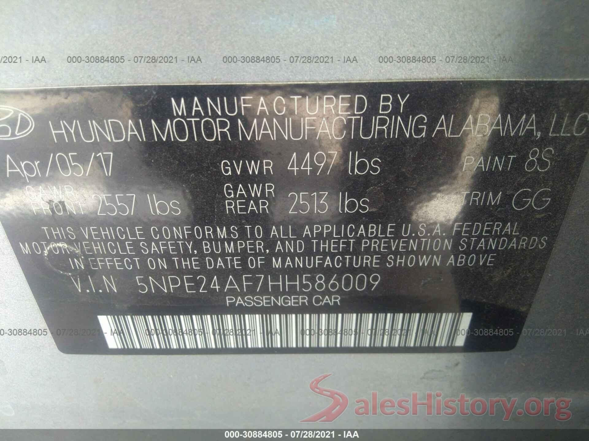 5NPE24AF7HH586009 2017 HYUNDAI SONATA