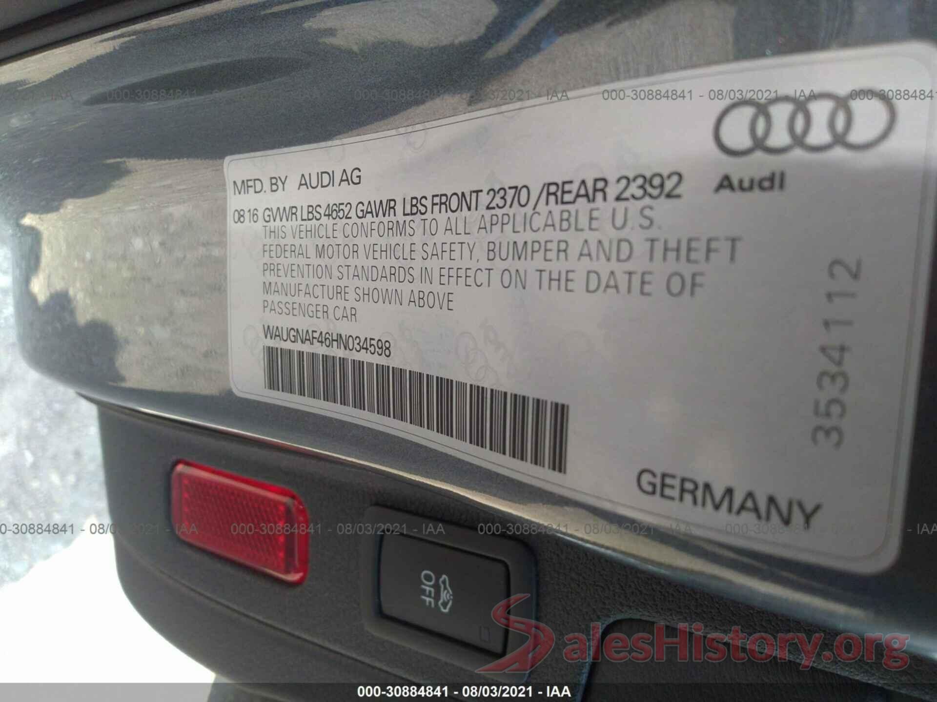 WAUGNAF46HN034598 2017 AUDI A4