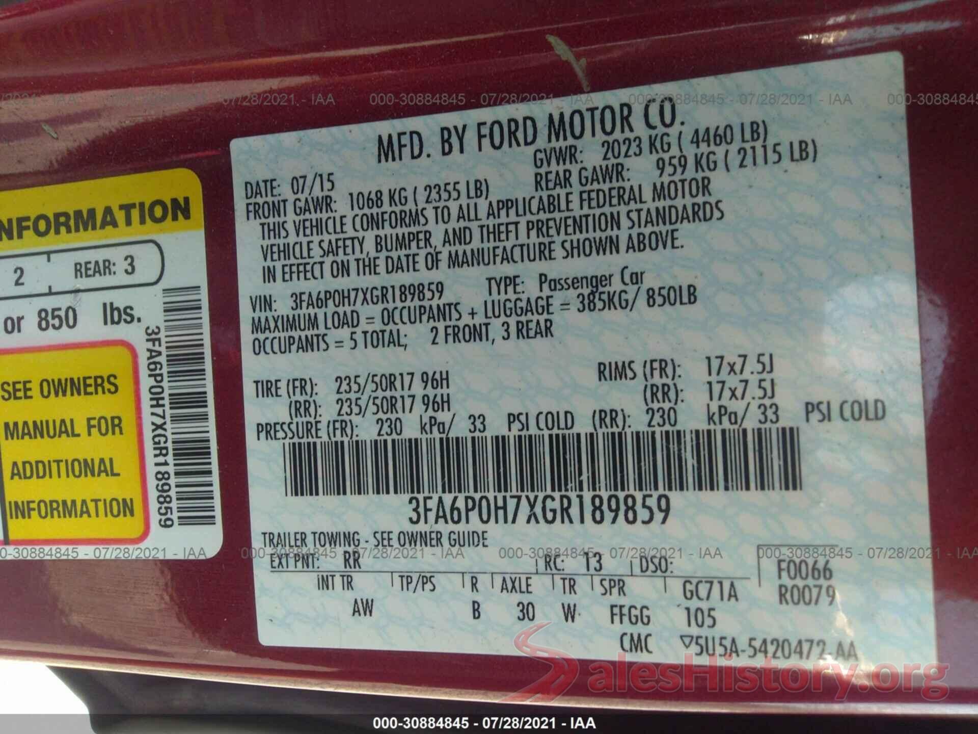 3FA6P0H7XGR189859 2016 FORD FUSION