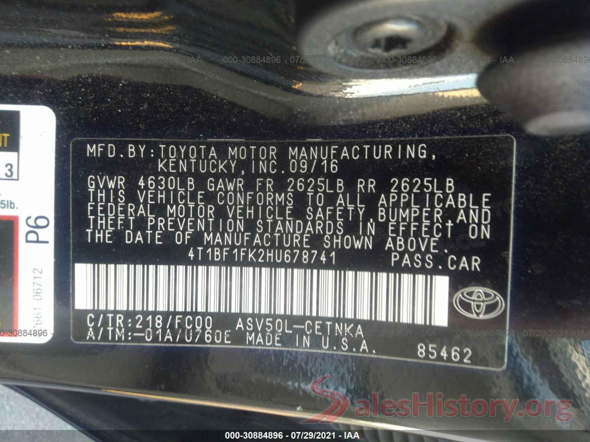 4T1BF1FK2HU678741 2017 TOYOTA CAMRY