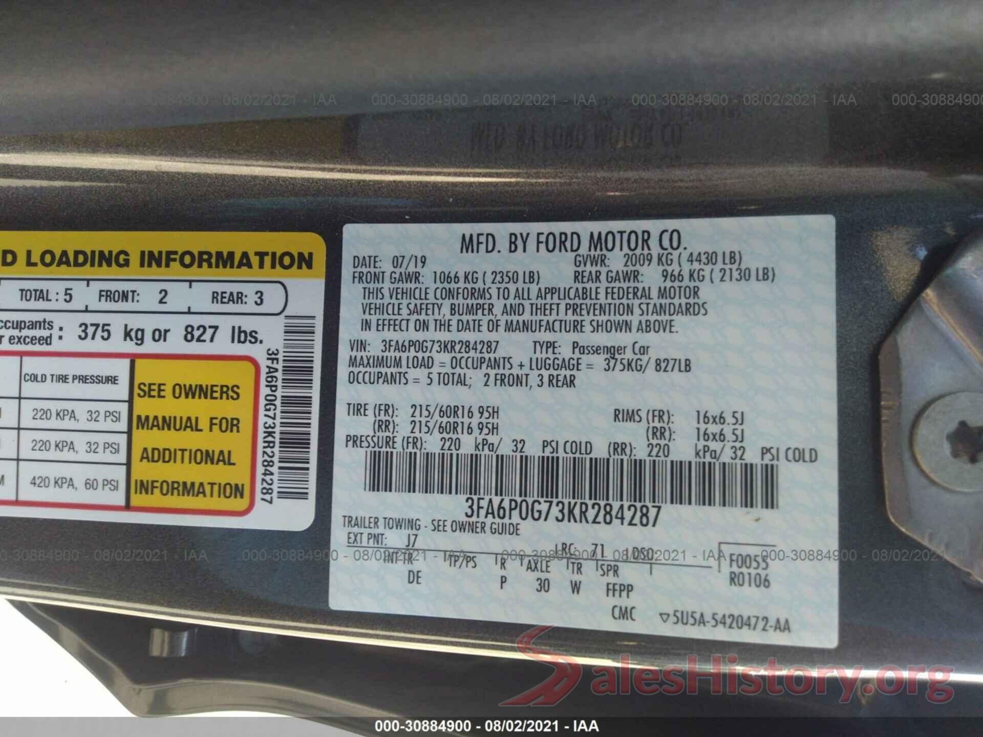 3FA6P0G73KR284287 2019 FORD FUSION