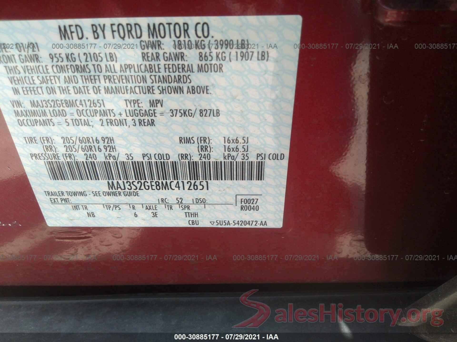 MAJ3S2GE8MC412651 2021 FORD ECOSPORT