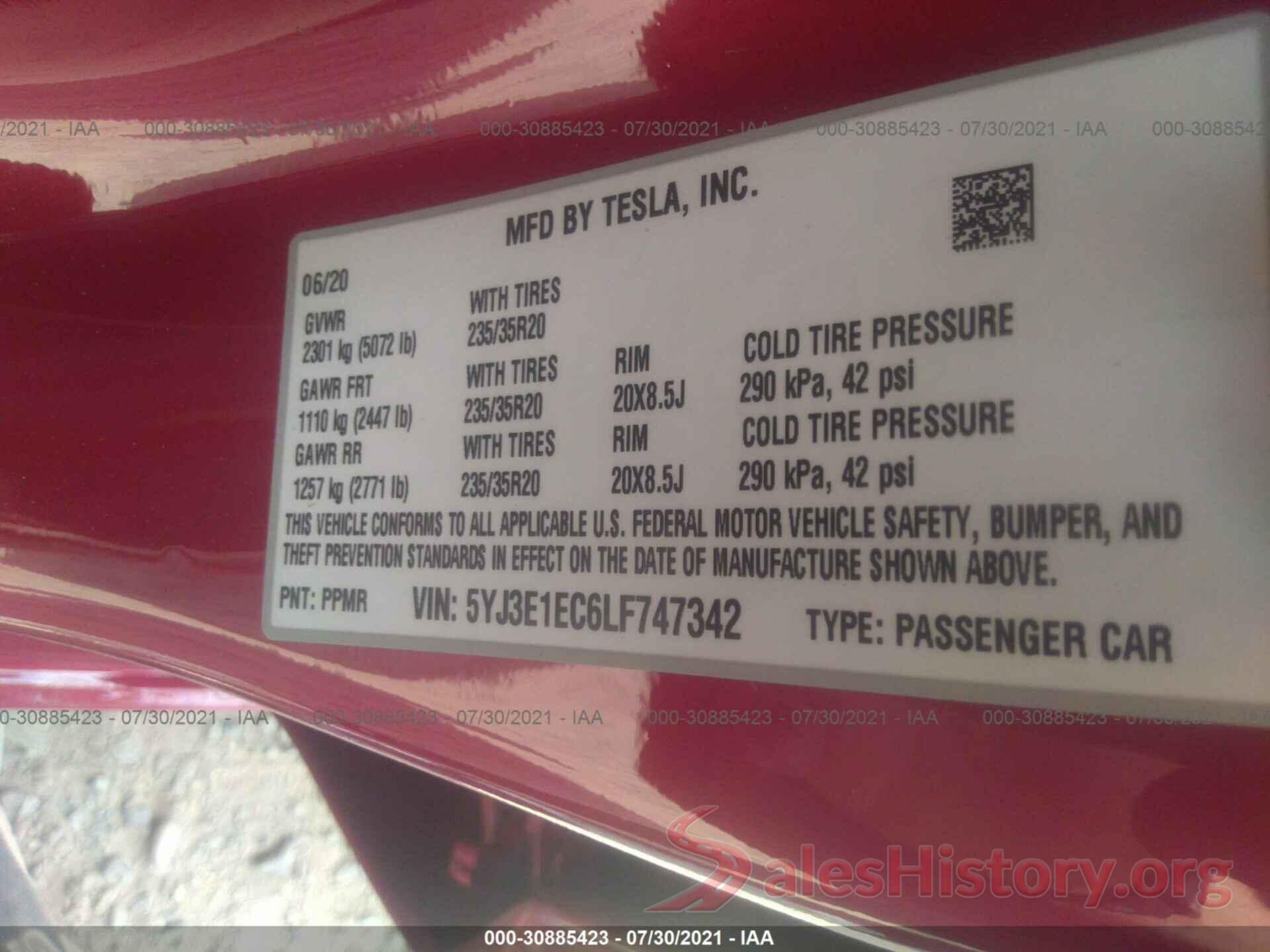 5YJ3E1EC6LF747342 2020 TESLA MODEL 3