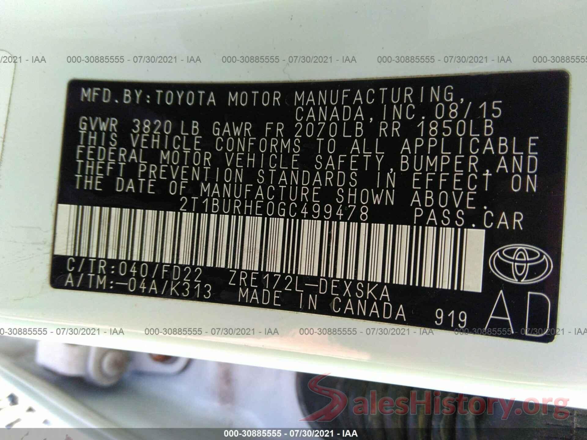 2T1BURHE0GC499478 2016 TOYOTA COROLLA