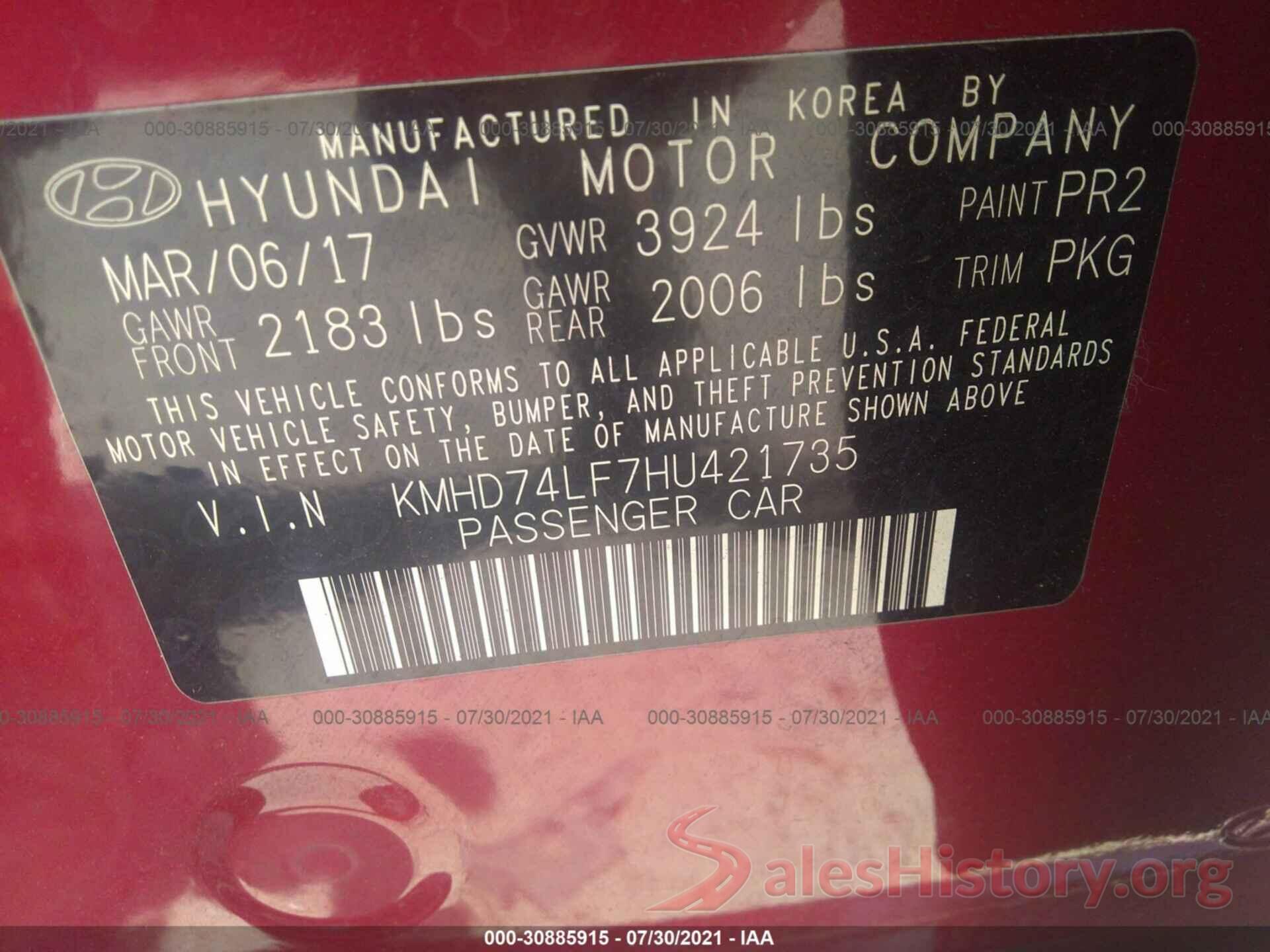 KMHD74LF7HU421735 2017 HYUNDAI ELANTRA