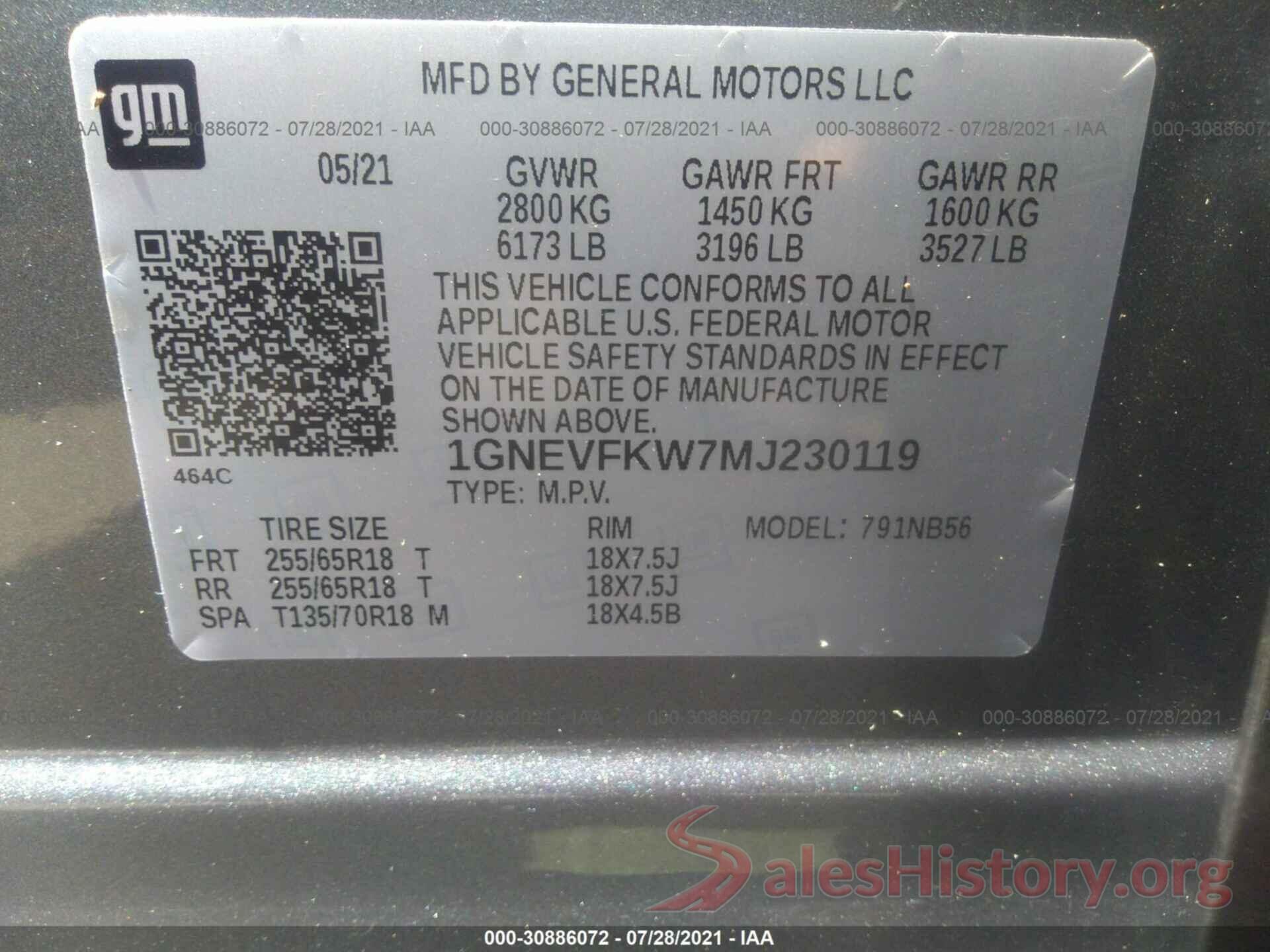 1GNEVFKW7MJ230119 2021 CHEVROLET TRAVERSE