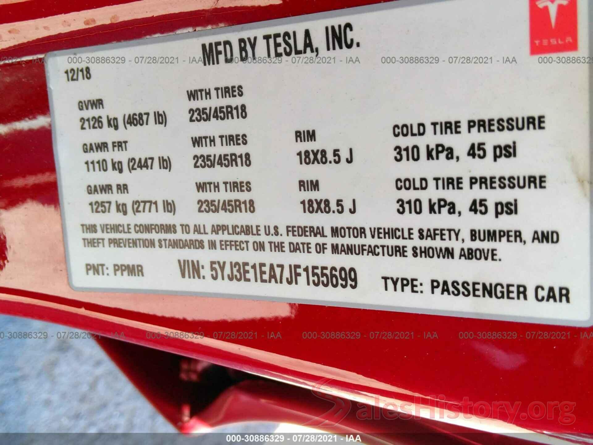 5YJ3E1EA7JF155699 2018 TESLA MODEL 3