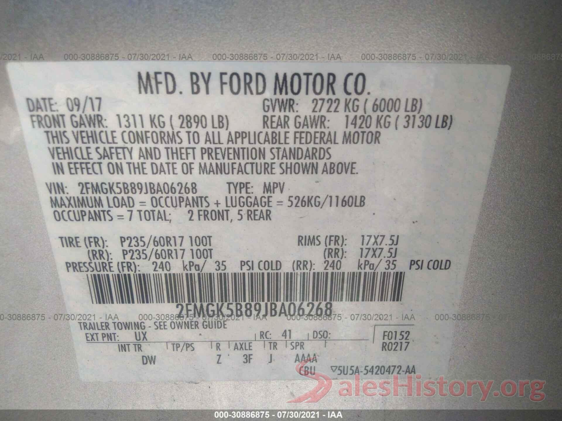 2FMGK5B89JBA06268 2018 FORD FLEX