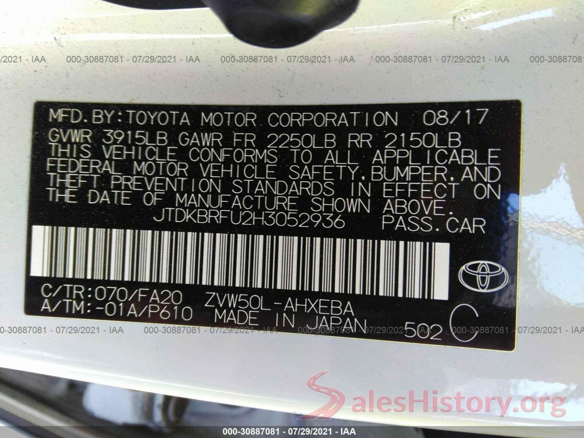 JTDKBRFU2H3052936 2017 TOYOTA PRIUS