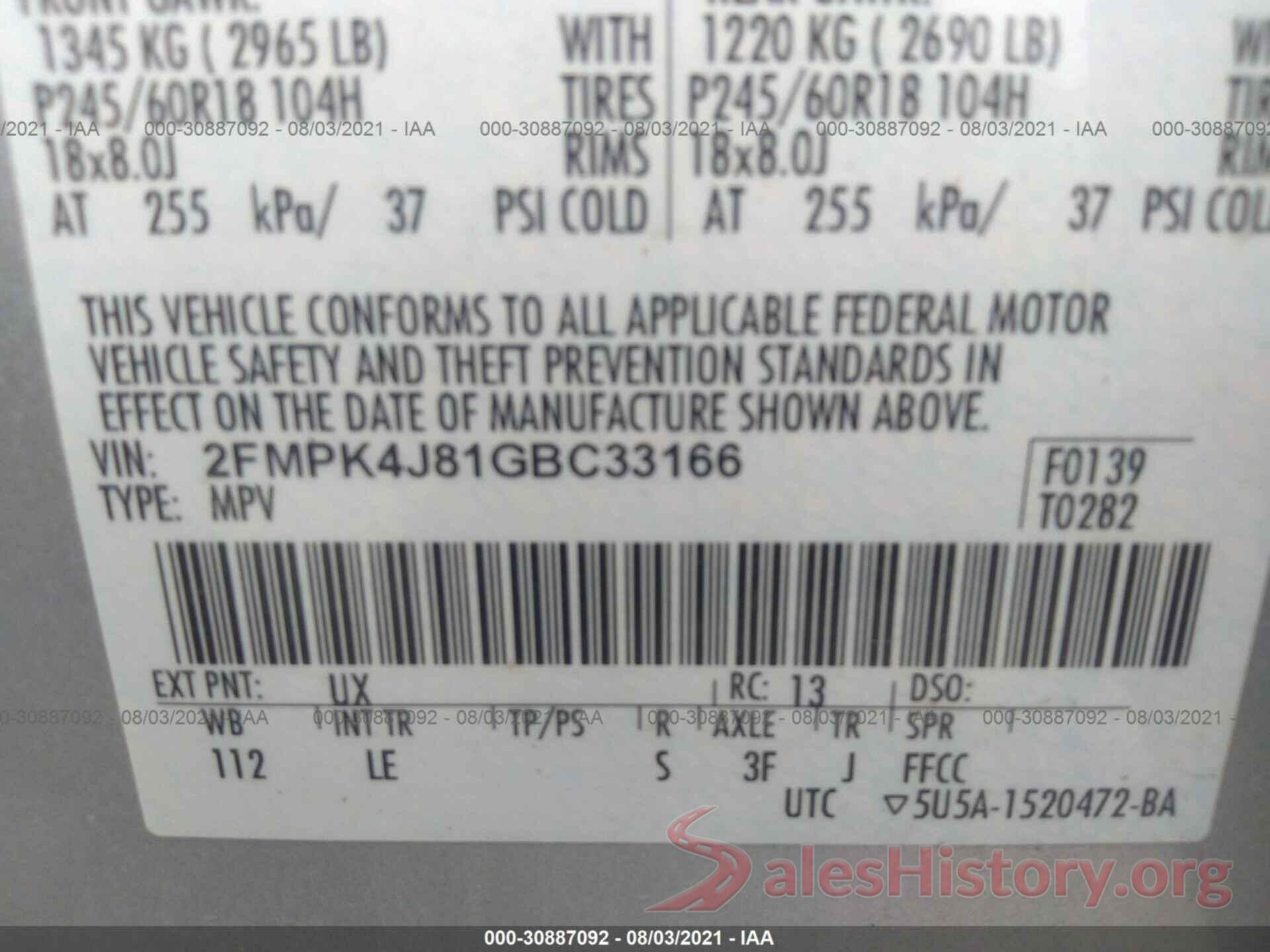 2FMPK4J81GBC33166 2016 FORD EDGE