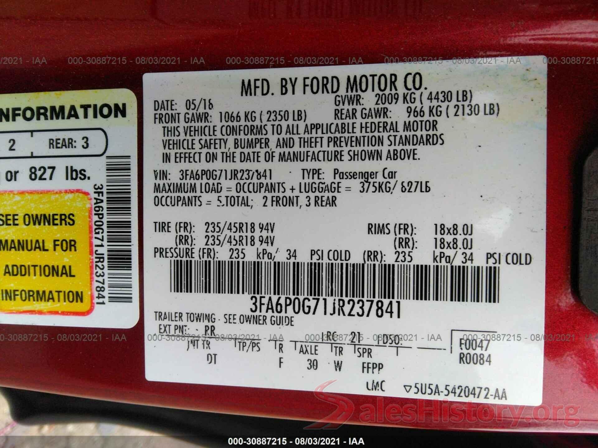 3FA6P0G71JR237841 2018 FORD FUSION