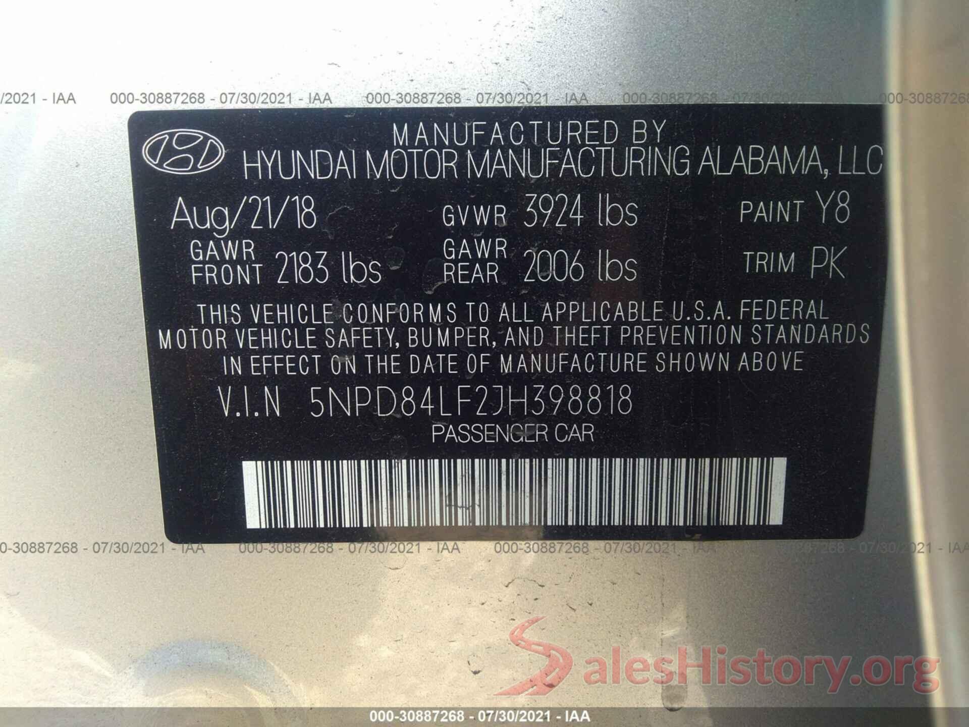 5NPD84LF2JH398818 2018 HYUNDAI ELANTRA