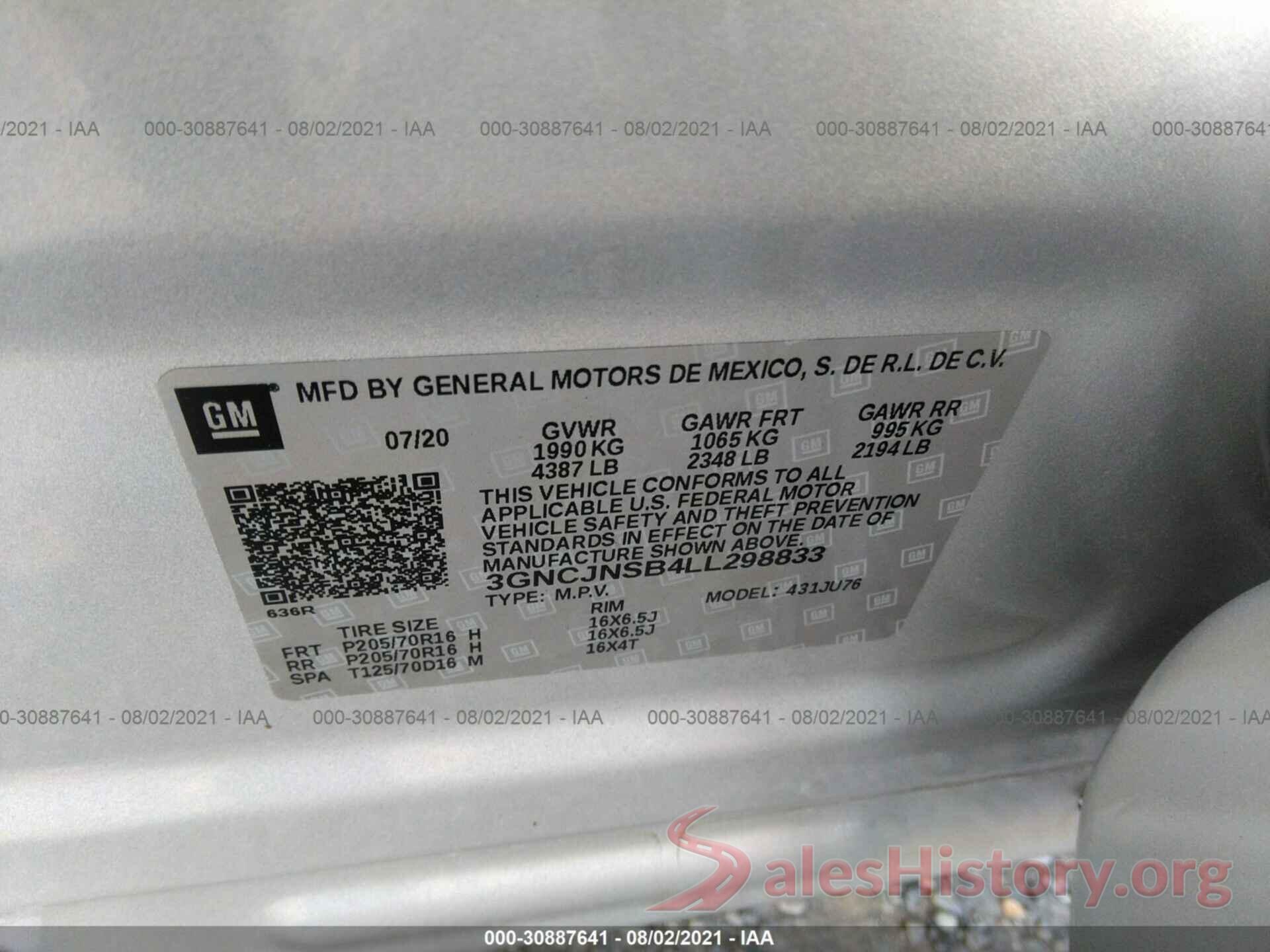 3GNCJNSB4LL298833 2020 CHEVROLET TRAX