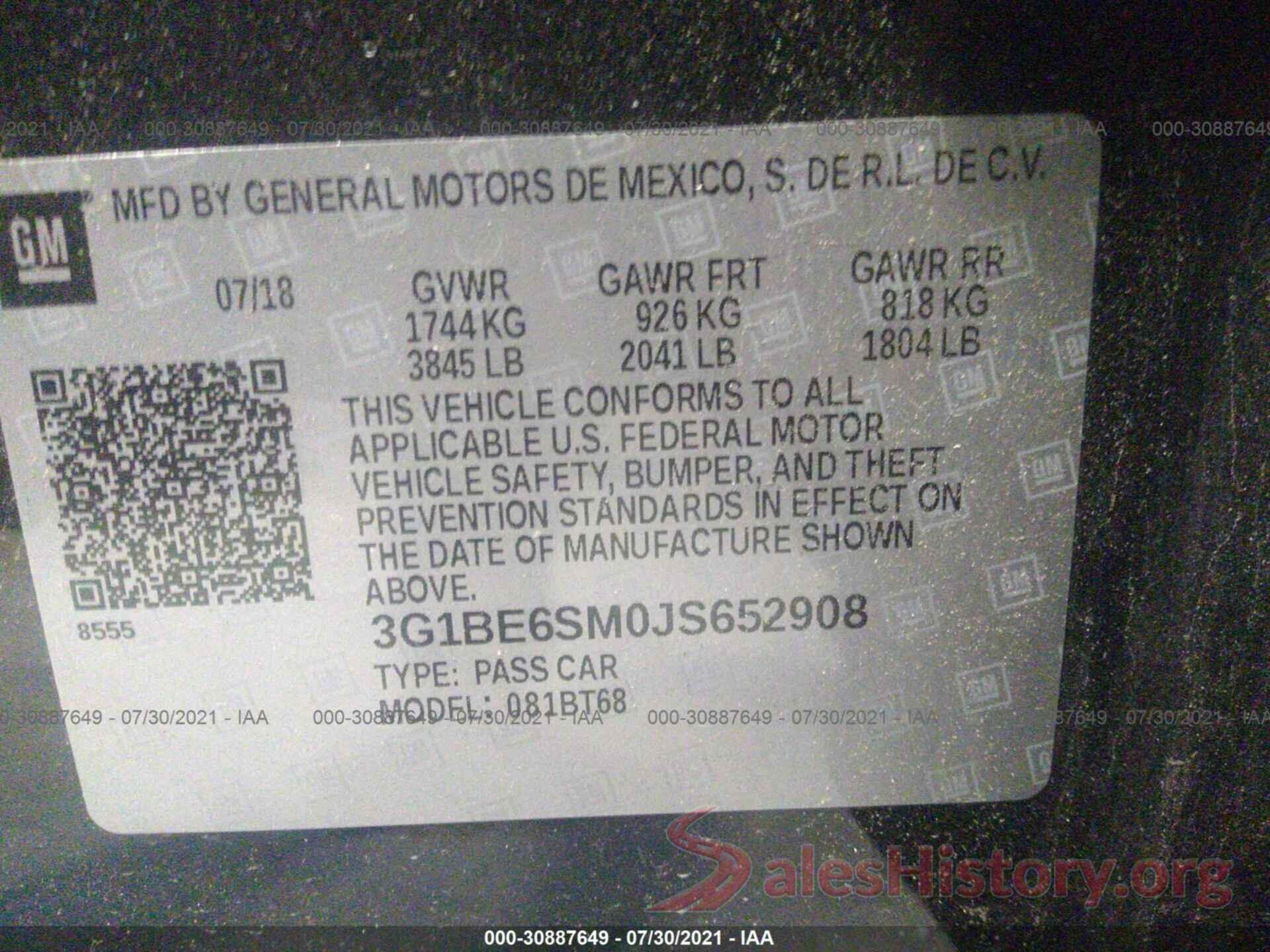 3G1BE6SM0JS652908 2018 CHEVROLET CRUZE