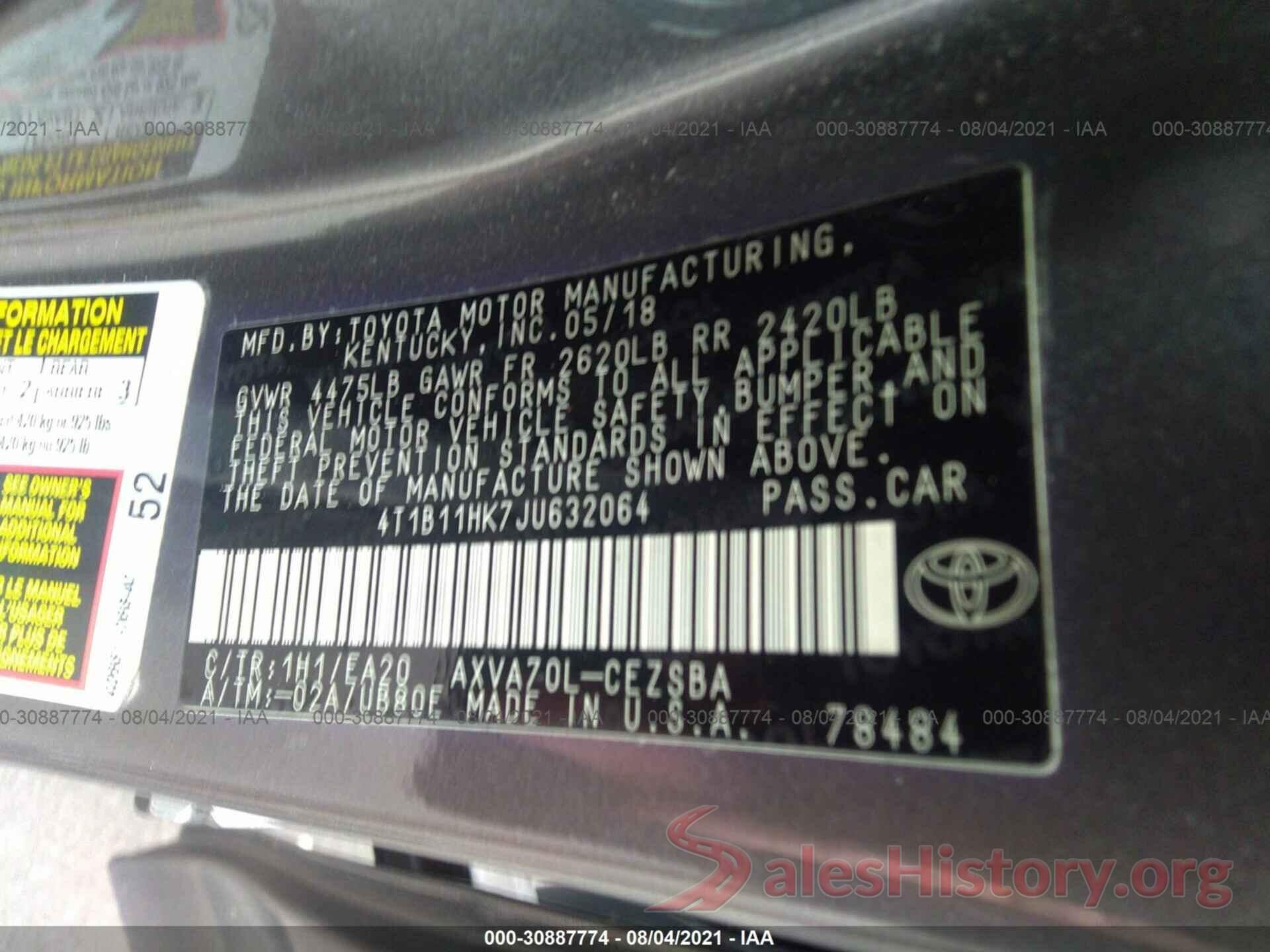 4T1B11HK7JU632064 2018 TOYOTA CAMRY